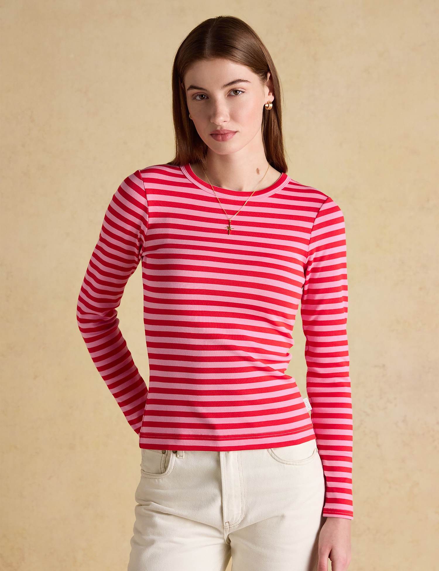 Joules Cotton Rich Striped Ribbed Top Pink Mix