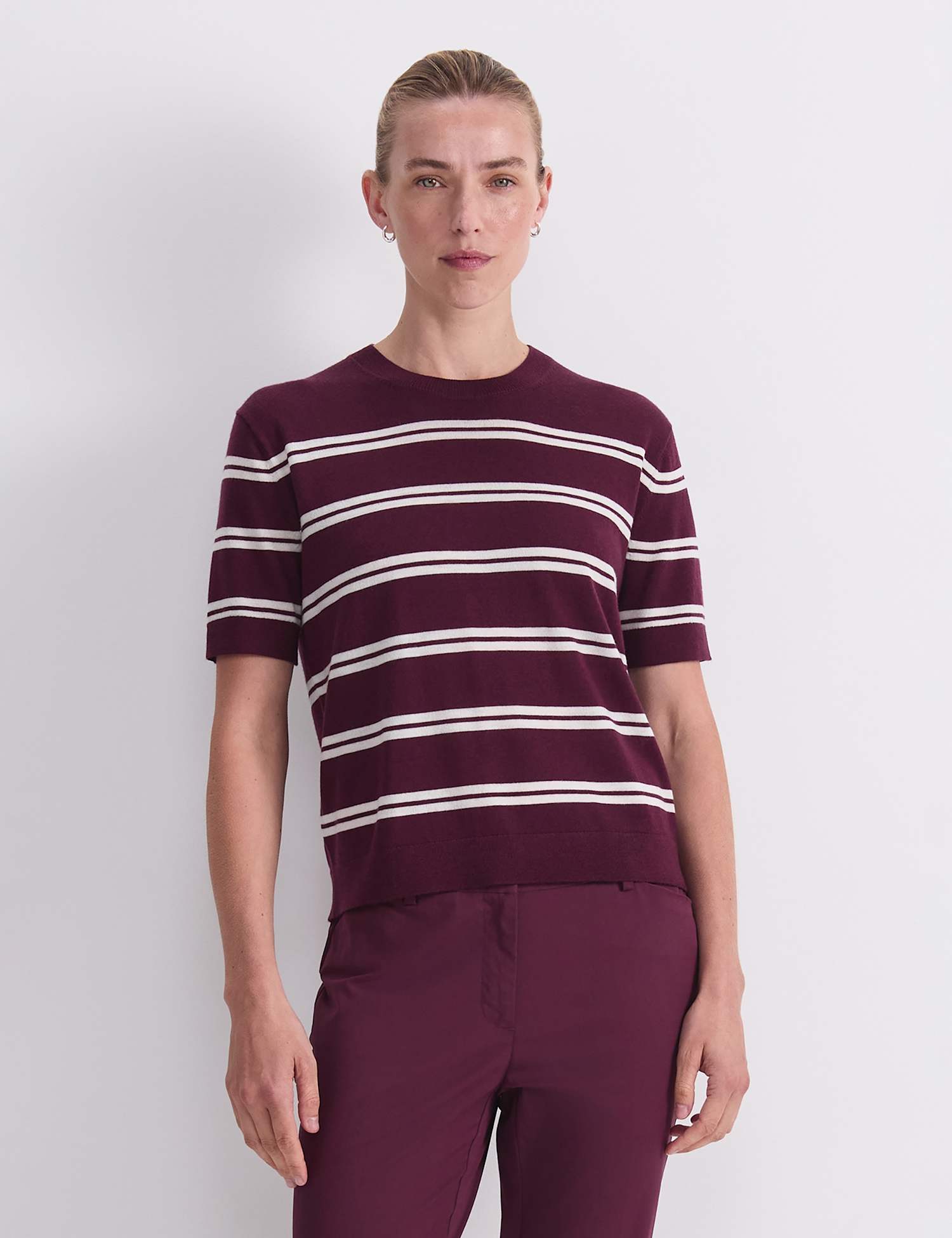 Sportscraft Pure Wool Striped Knitted T-Shirt Purple