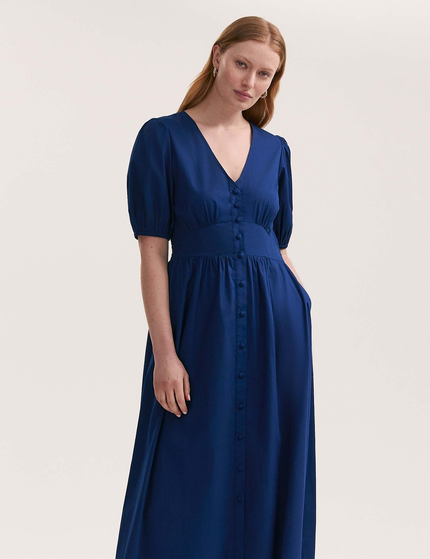 Finery London Pure Cotton V-Neck Midi Tea Dress Indigo