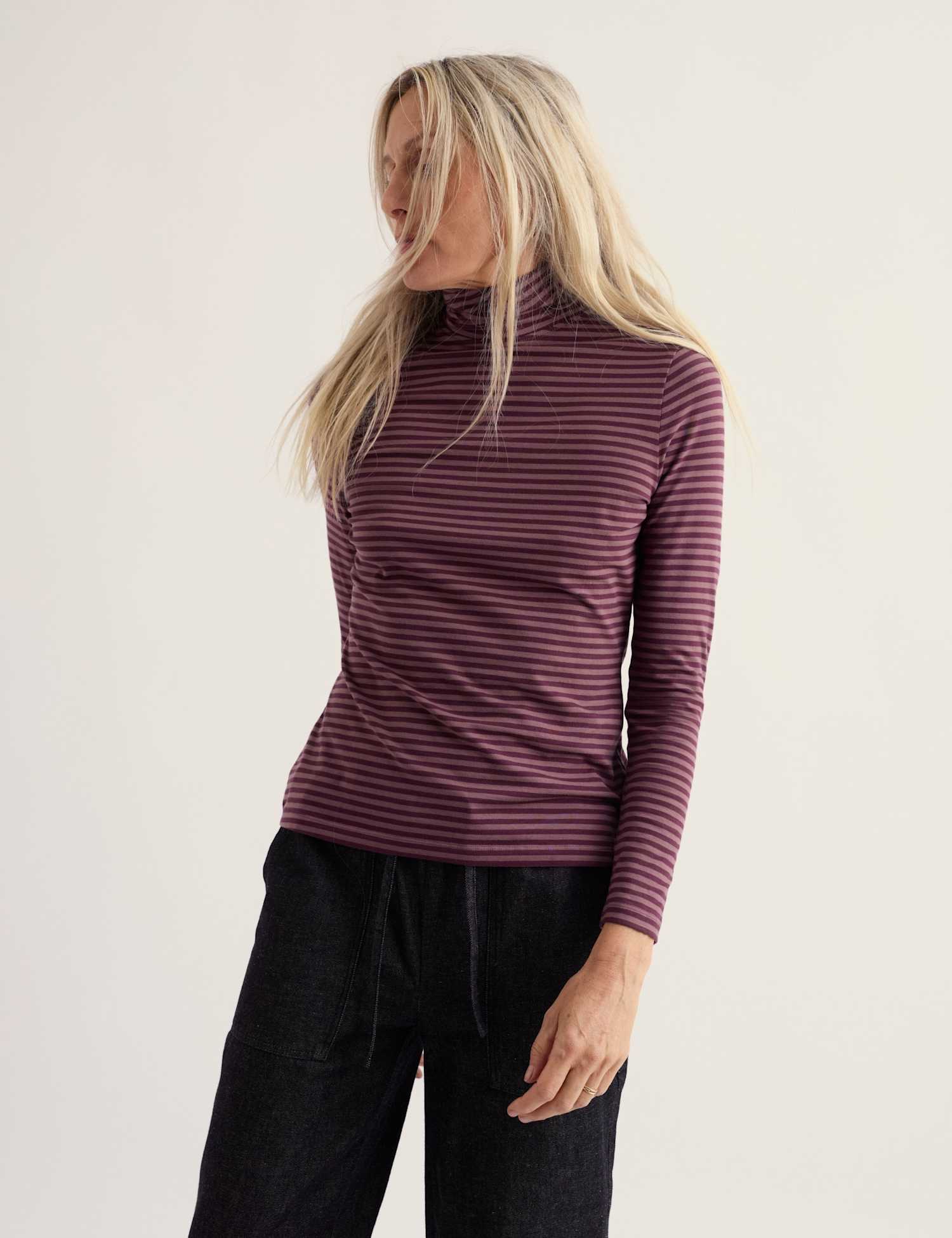 Seasalt Cornwall Cotton Rich Striped Roll Neck Top Purple Mix