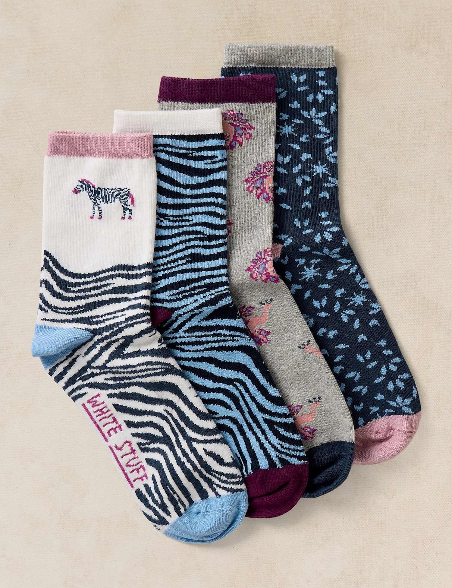 White Stuff 4 Pack Thermal Cotton Rich Zebra Print Socks Blue Mix