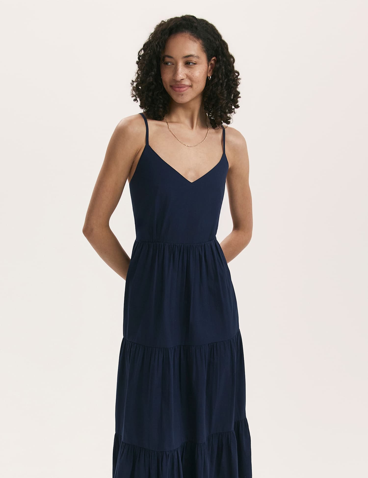 Finery London Pure Cotton V-Neck Strappy Midi Tiered Dress Navy