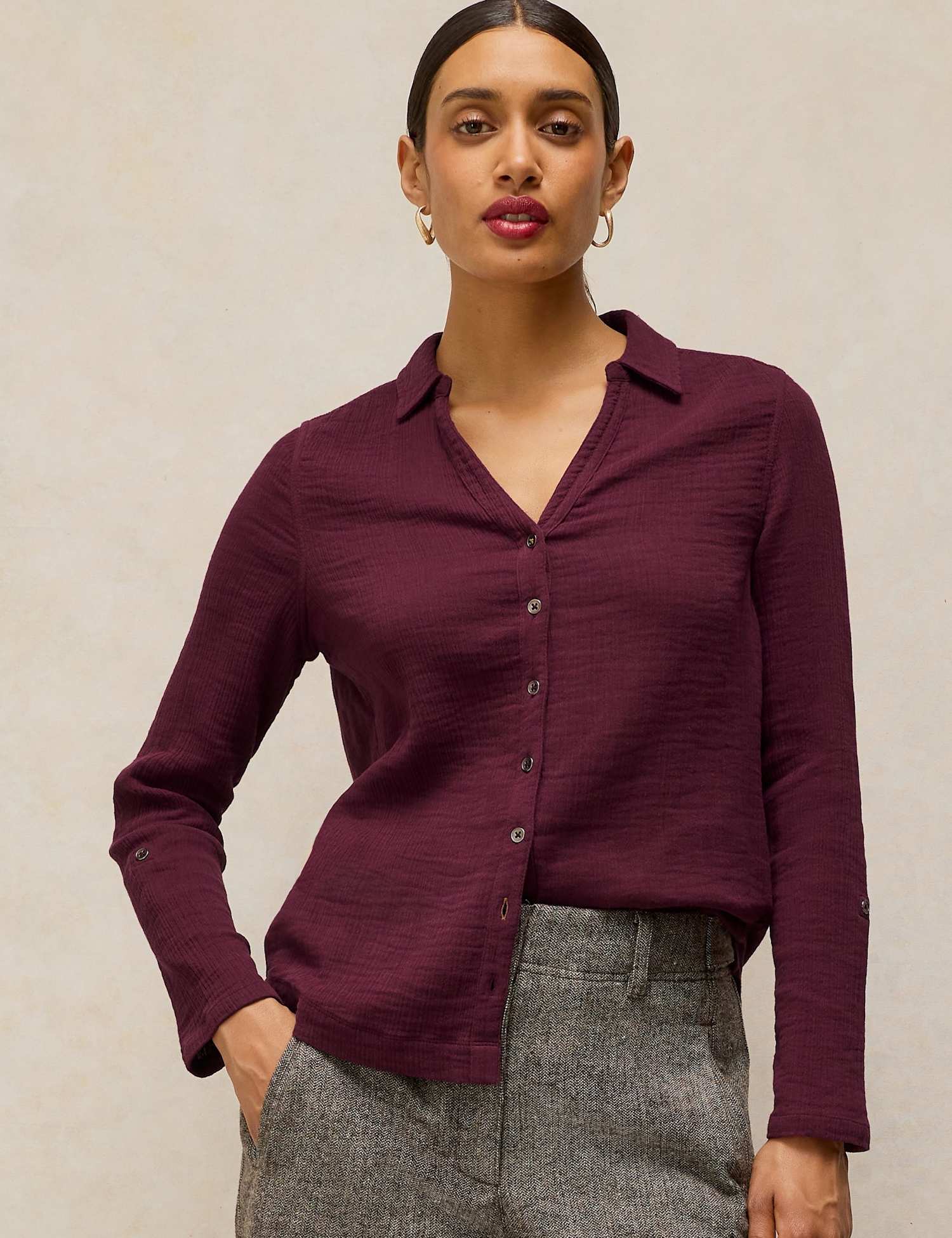 White Stuff Pure Cotton Collared Shirt Purple