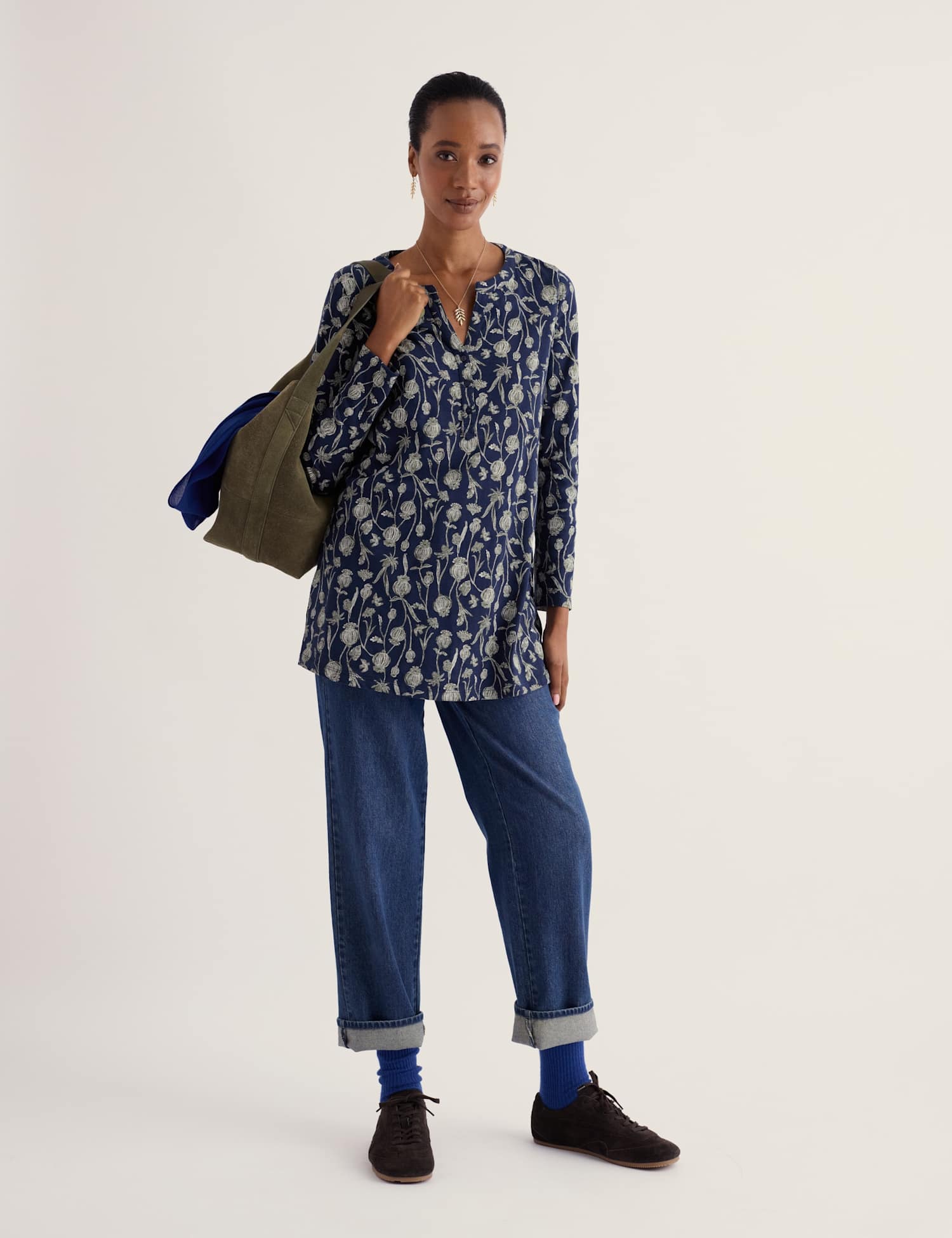 Seasalt Cornwall Pure Cotton Floral Notch Neck Tunic Navy Mix