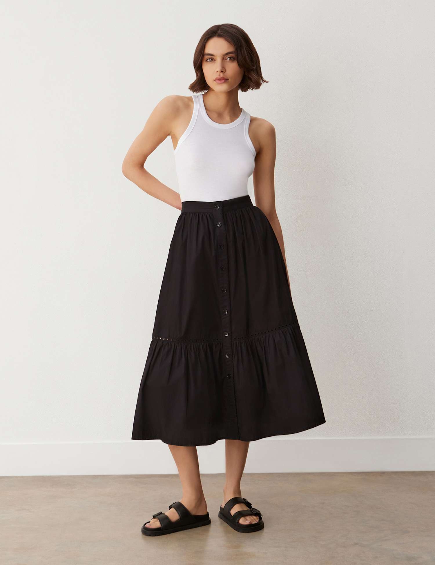 Finery London Pure Cotton Midi Tiered Skirt Black