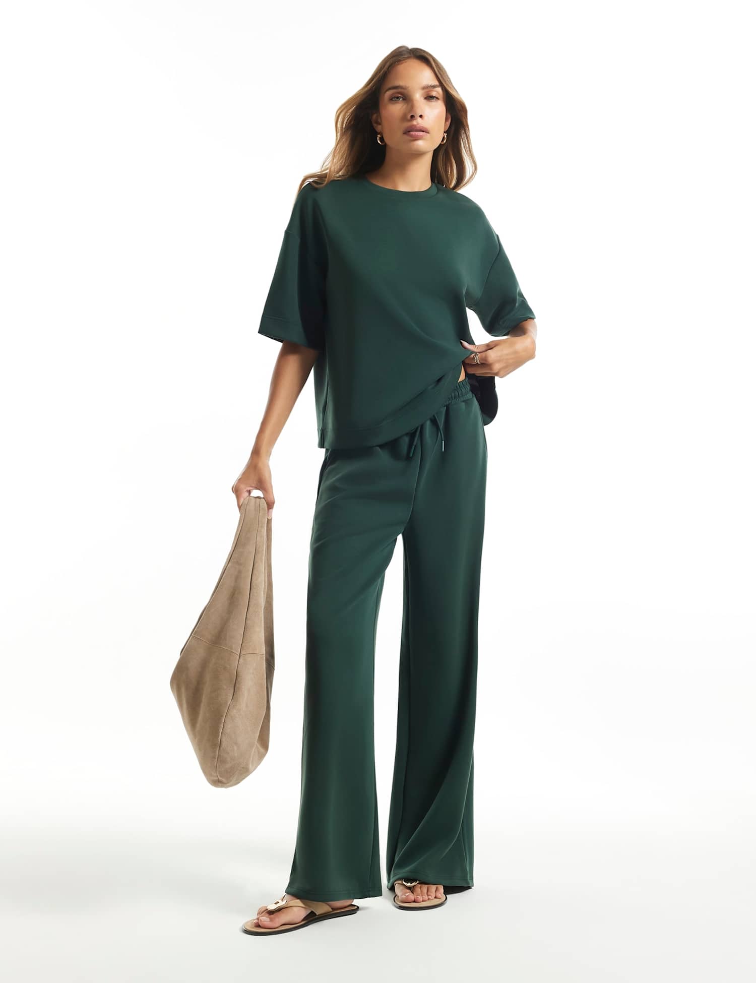 River Island Soft Touch Drawstring Wide Leg Joggers Green