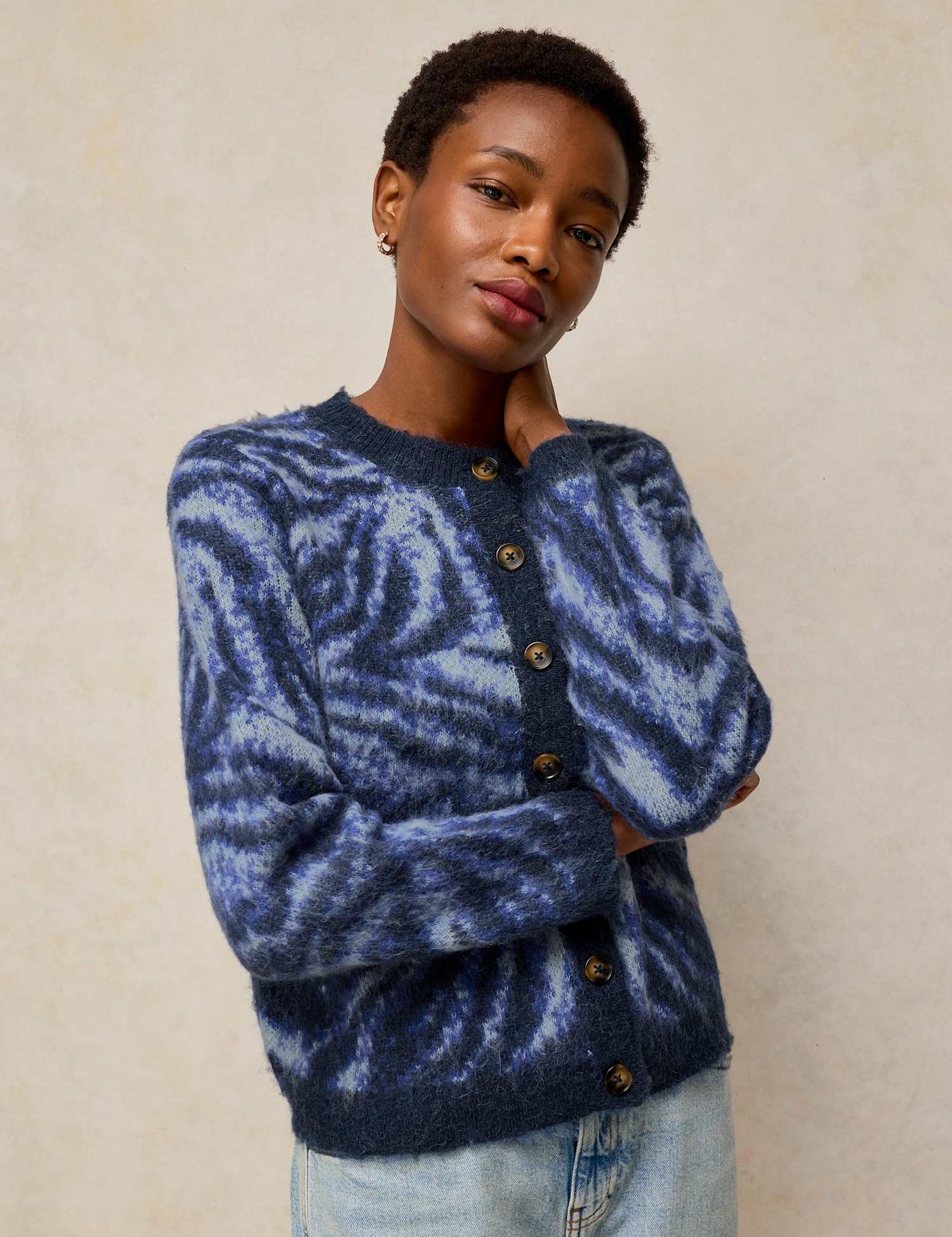 White Stuff Fluffy Animal Print Cardigan with Wool Blue Mix