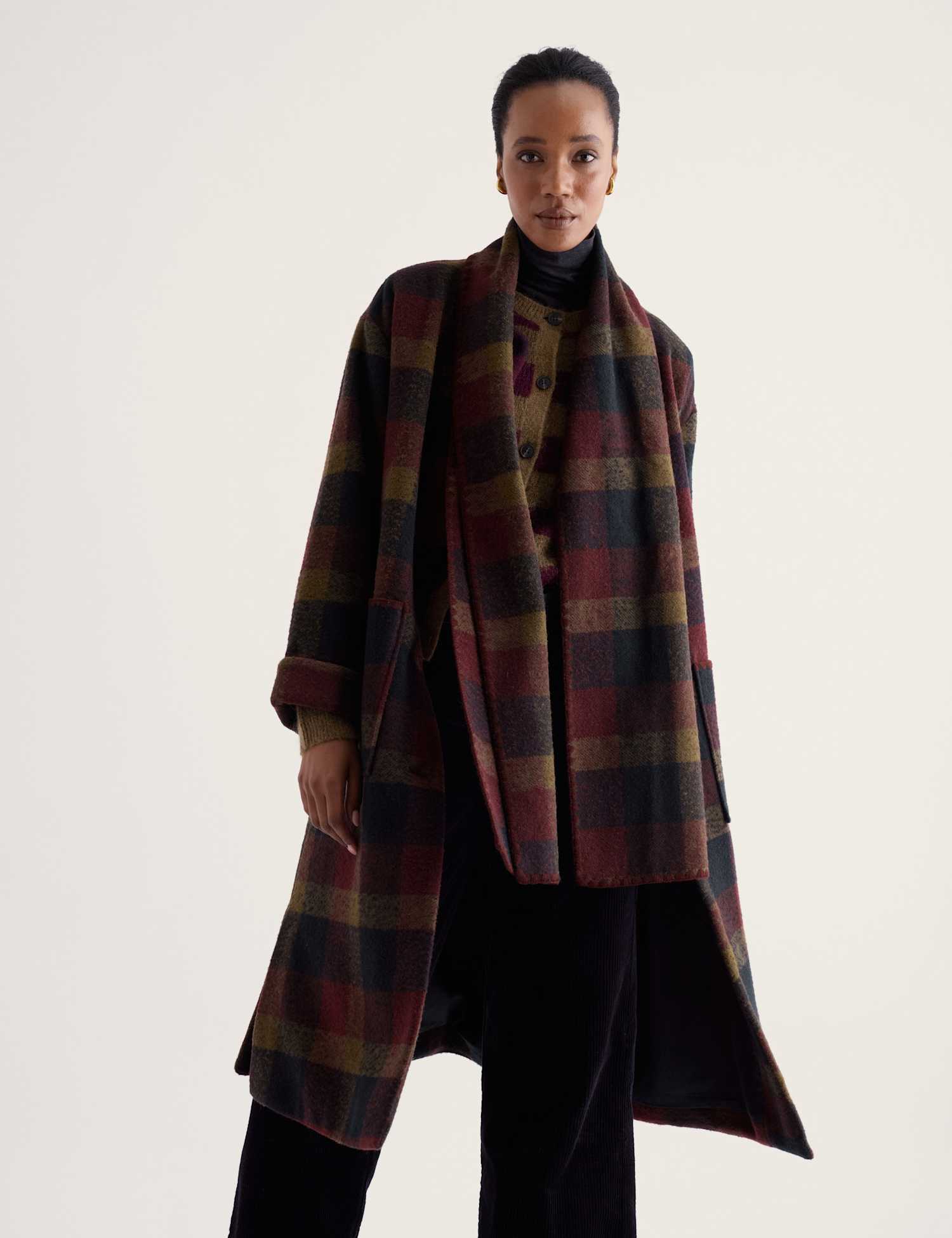Seasalt Cornwall Wool Blend Checked Scarf Oversized Overcoat Multi