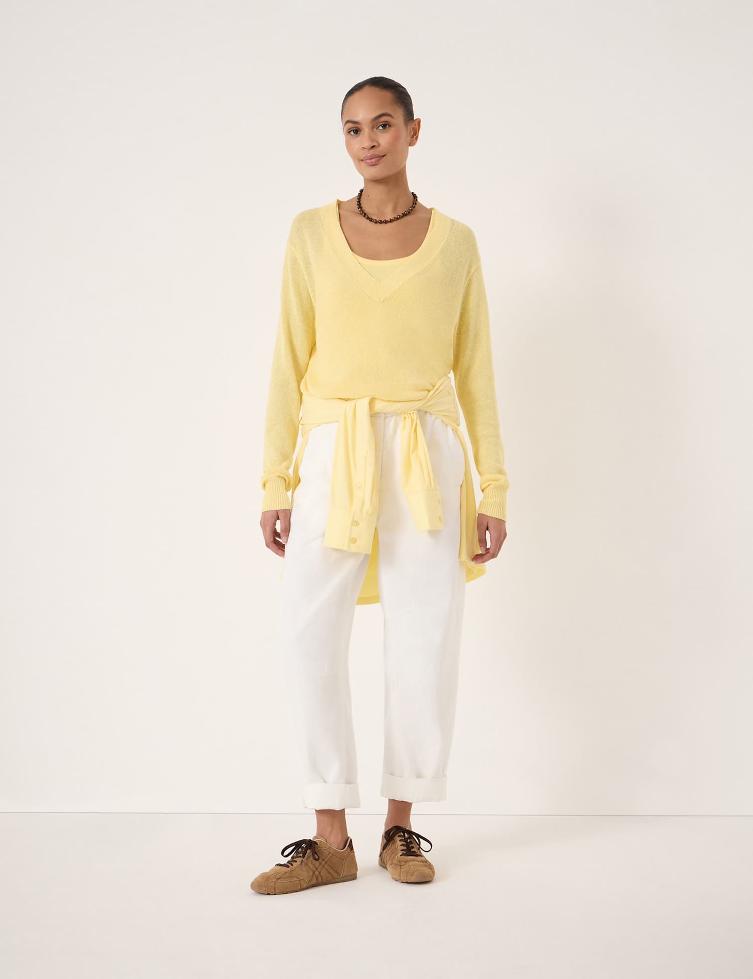 HUSH Coralie Linen and Cotton V-Neck Jumper Yellow