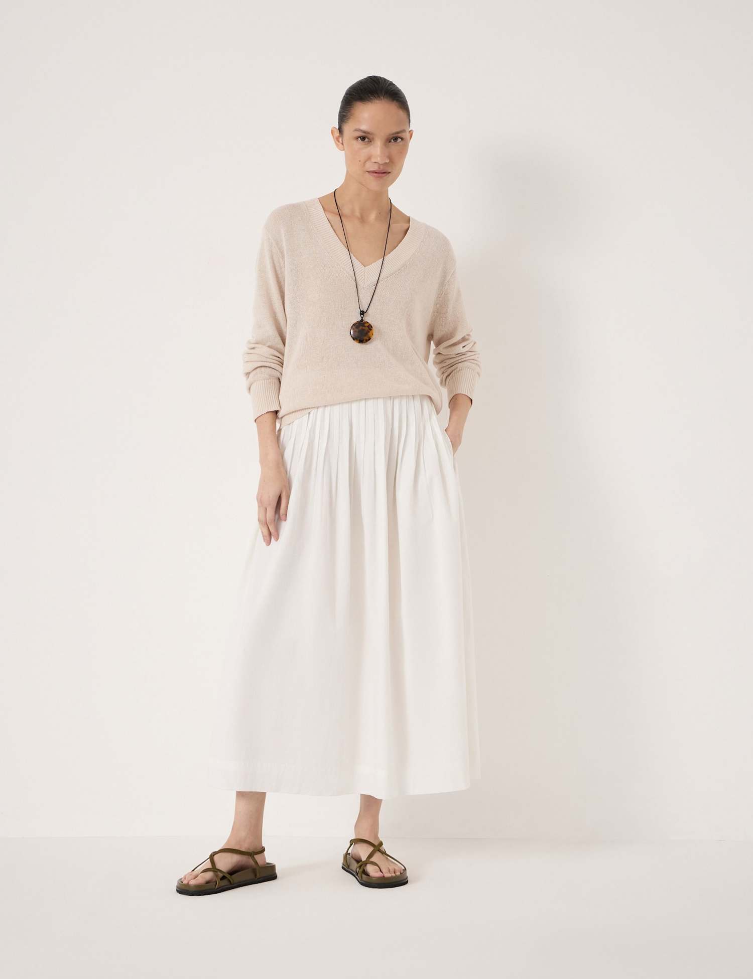 HUSH Coralie Linen and Cotton V-Neck Jumper Stone
