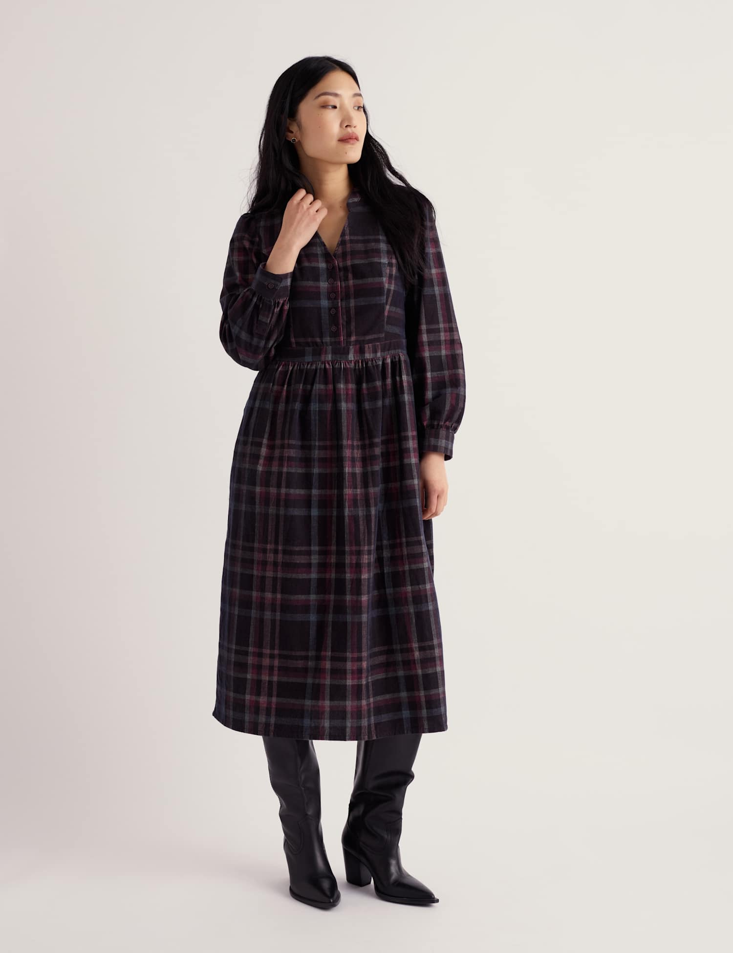 Seasalt Cornwall Pure Cotton Cord Checked Midi Waisted Dress Purple Mix