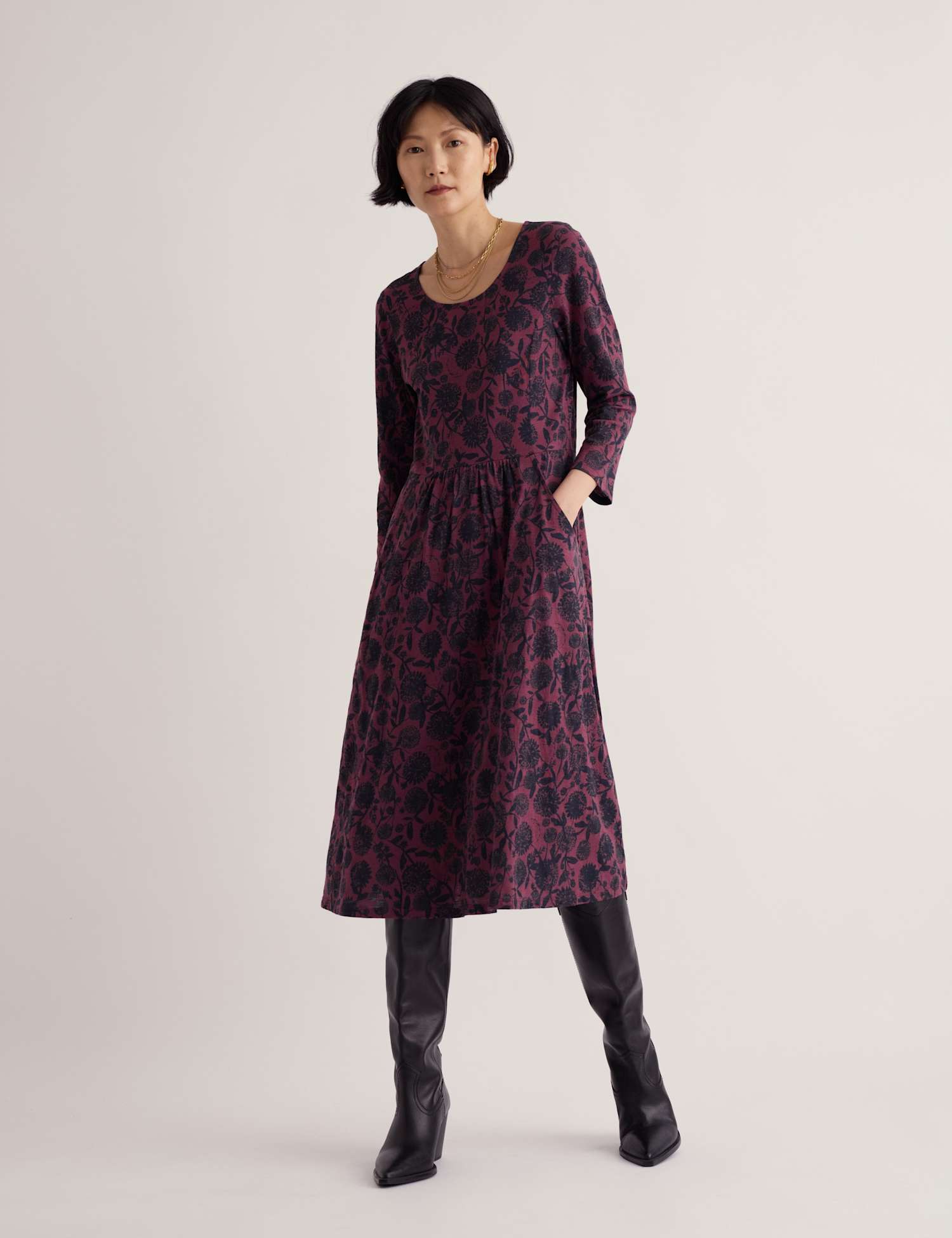 Seasalt Cornwall Cotton Rich Floral Midi Waisted Dress Purple Mix