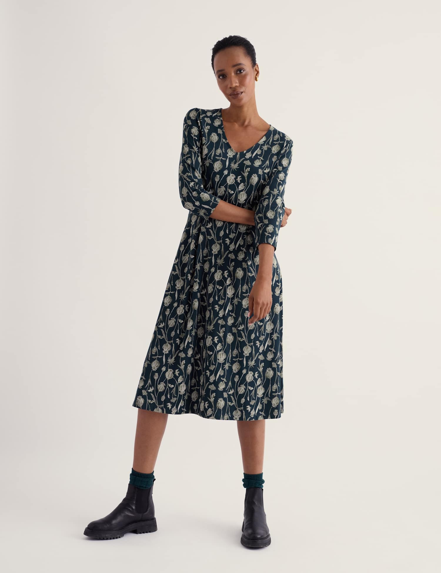 Seasalt Cornwall Cotton Rich Floral V-Neck Midi Waisted Dress Navy Mix