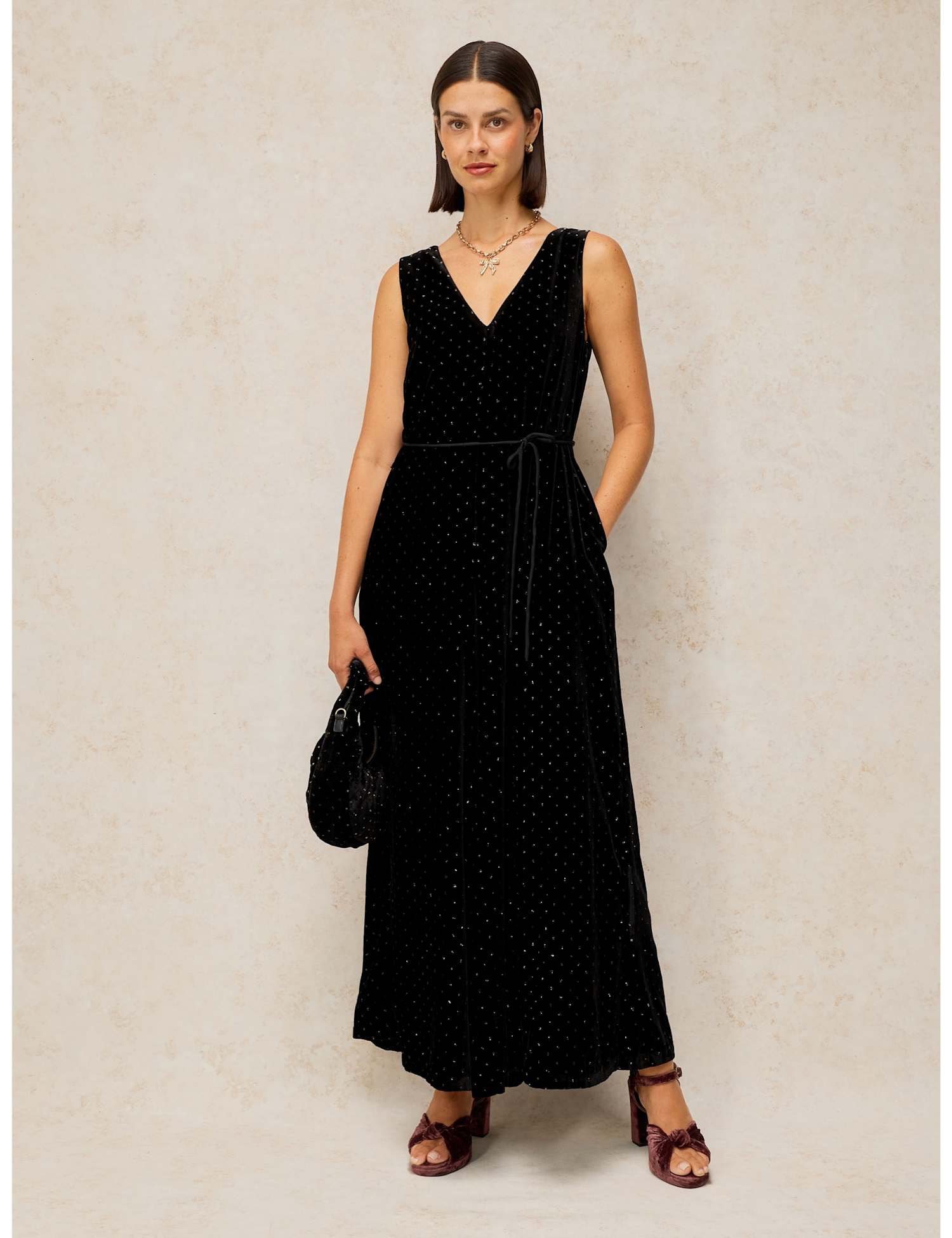 White Stuff Poppy Velvet Short Sleeve Jumpsuit Black Mix