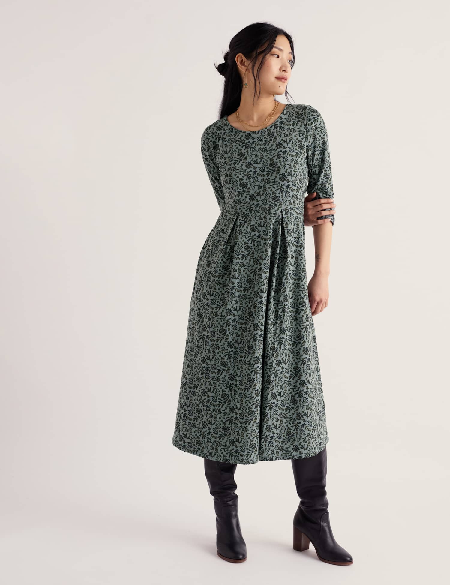 Seasalt Cornwall Cotton Rich Floral Midi Waisted Dress Grey Mix