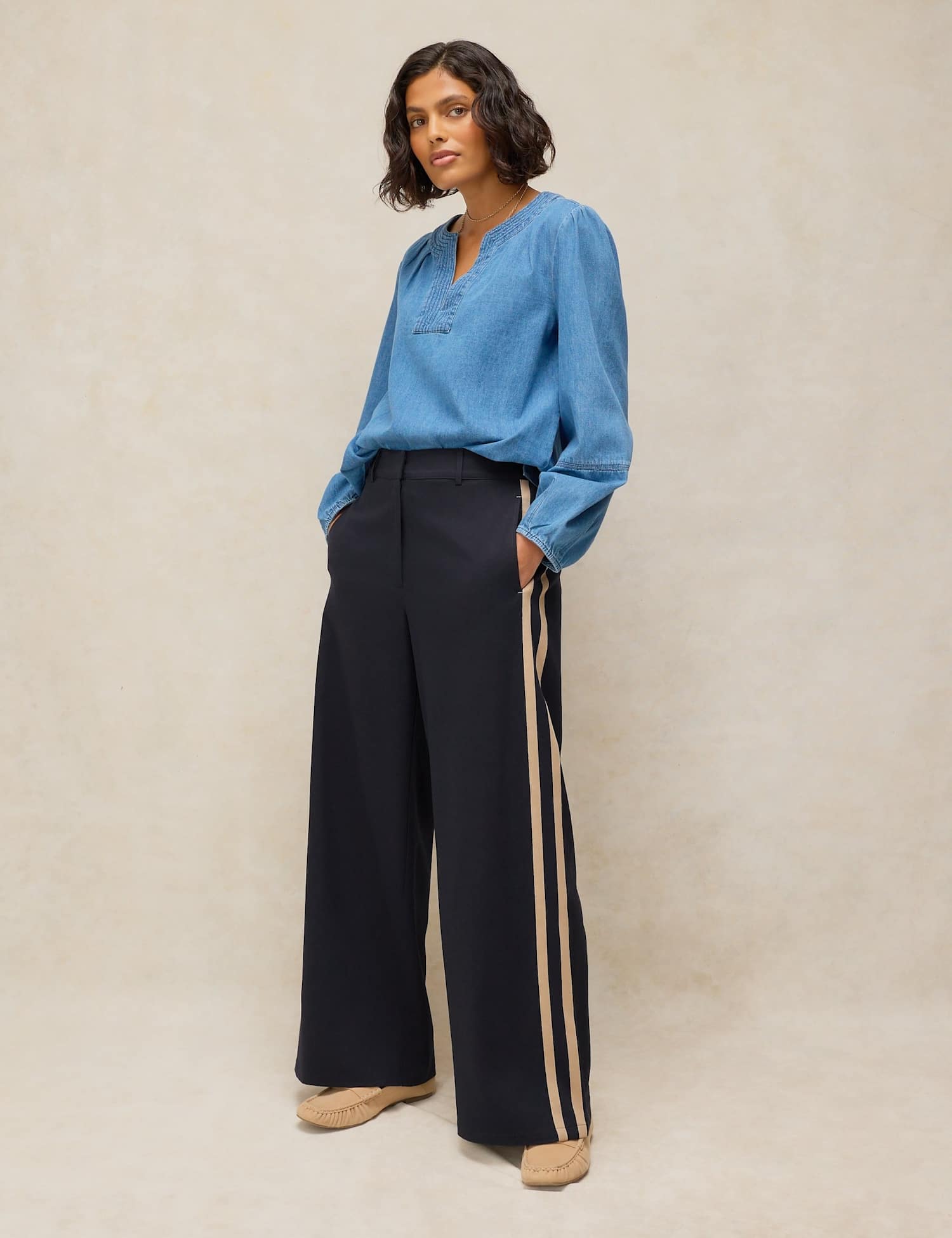 White Stuff Kenna Lyocell Rich Side Stripe Wide Leg Trousers Navy