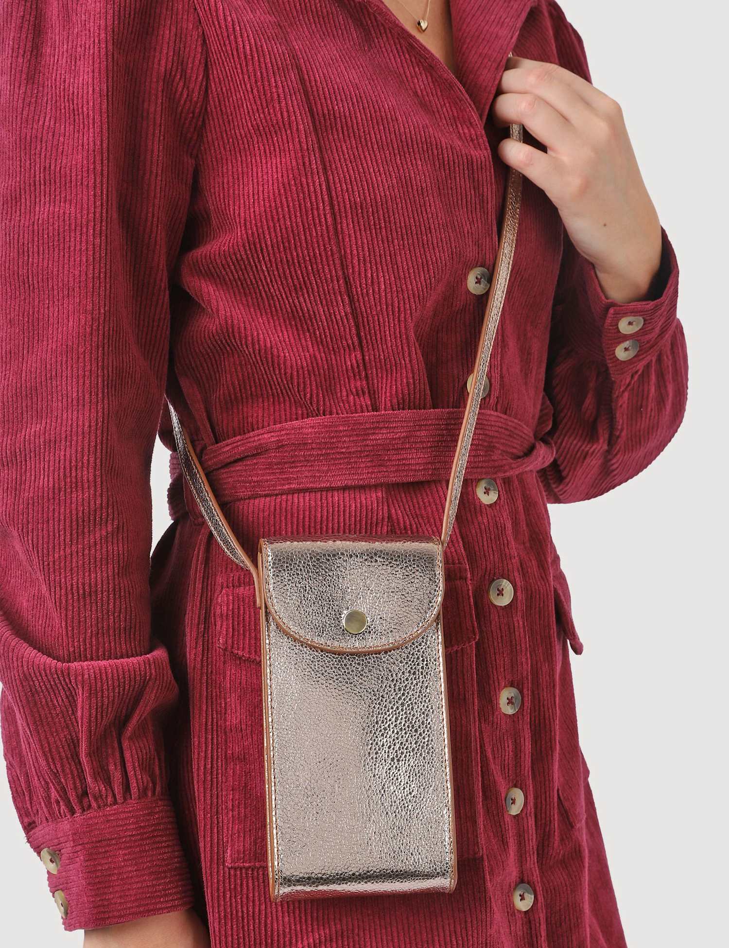 Jones Bootmaker Leather Metallic Cross Body Phone Bag Gold