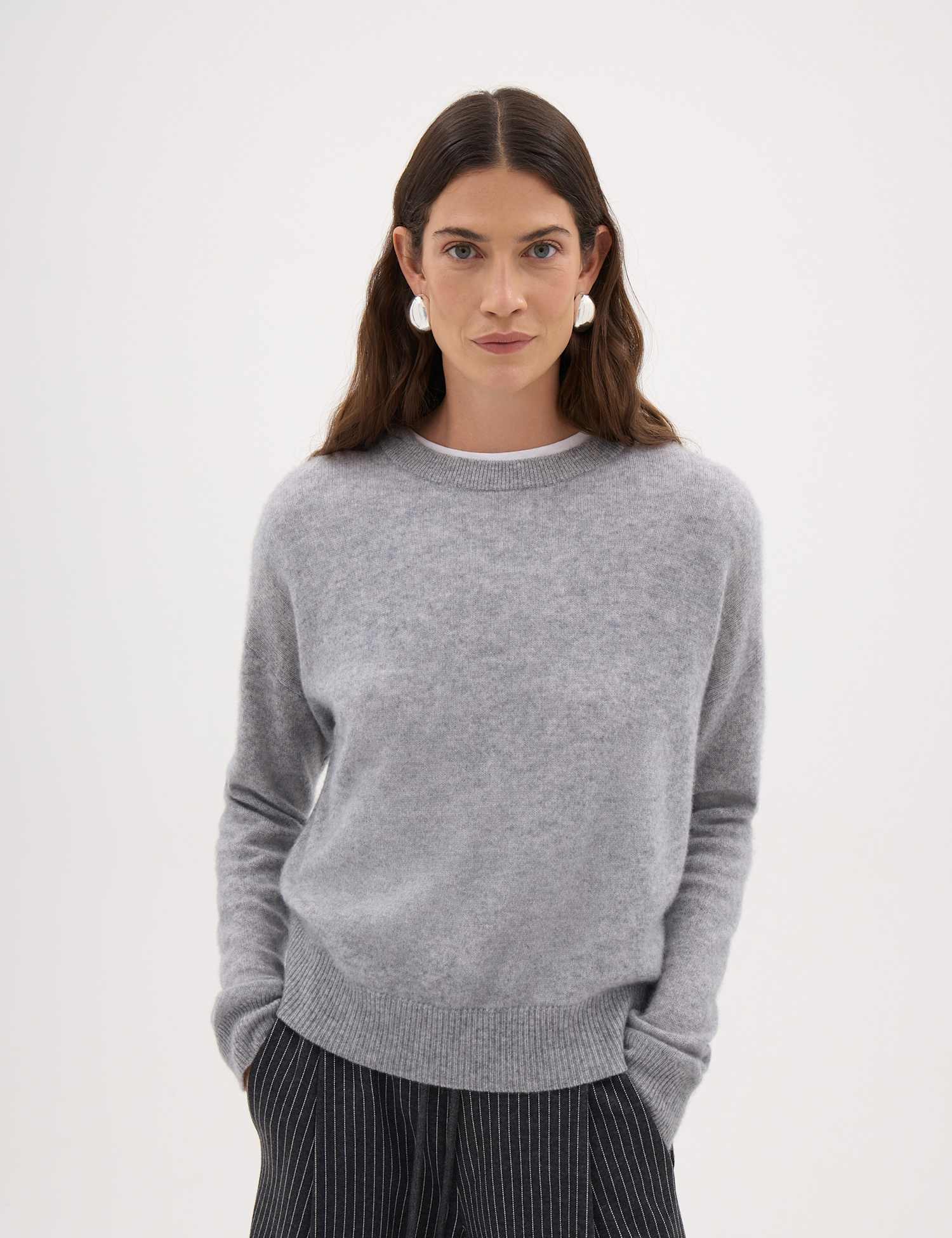 HUSH Avery Pure Cashmere Crew Neck Jumper Grey Marl