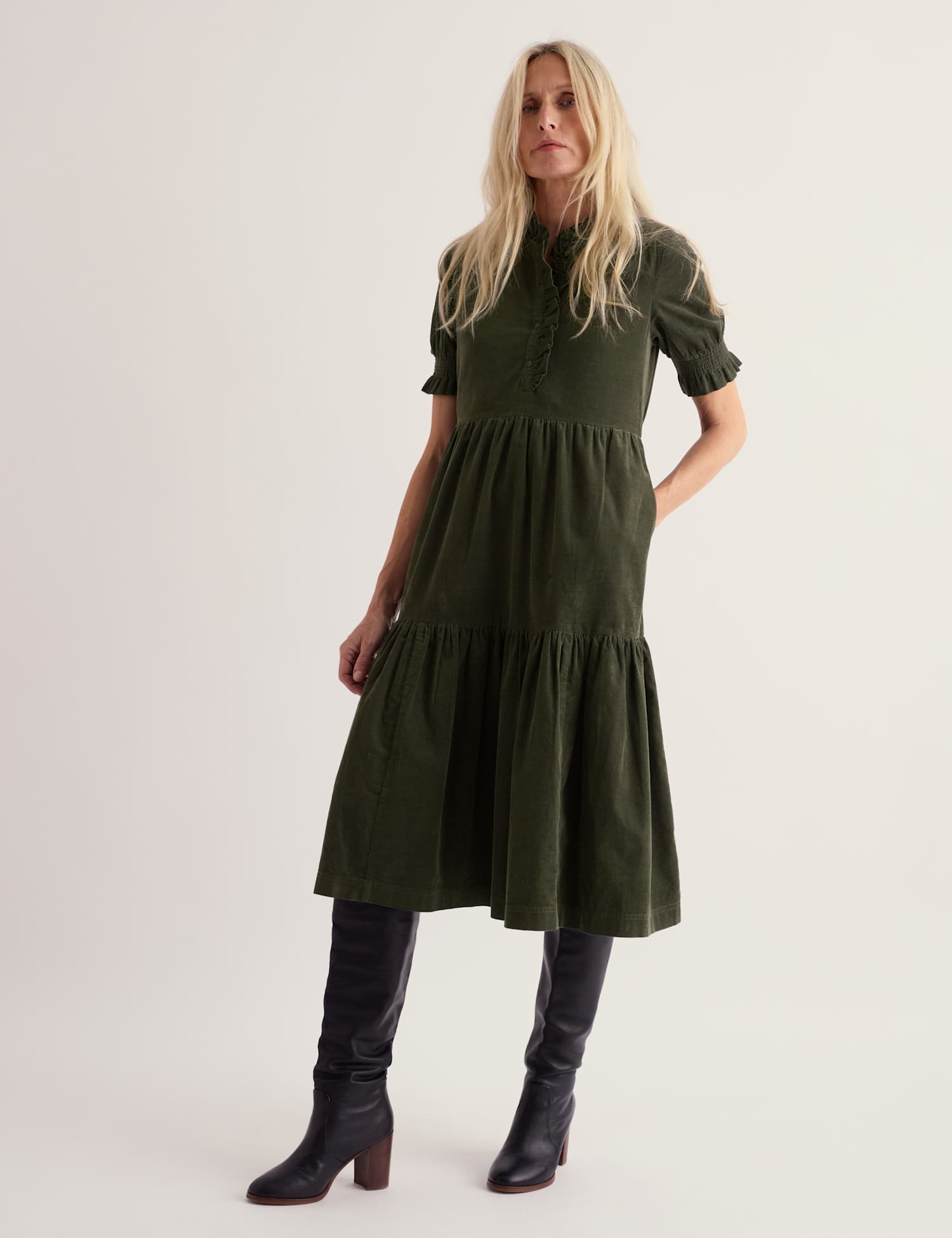 Seasalt Cornwall Cotton Rich Cord Midi Waisted Dress Green