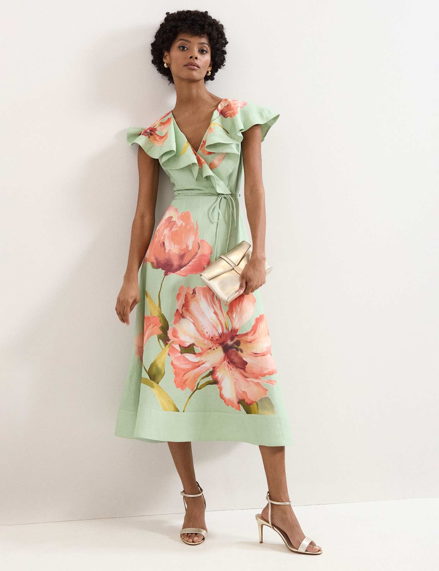 Phase Eight Linen Rich Floral V-Neck Midi Waisted Dress Green Mix