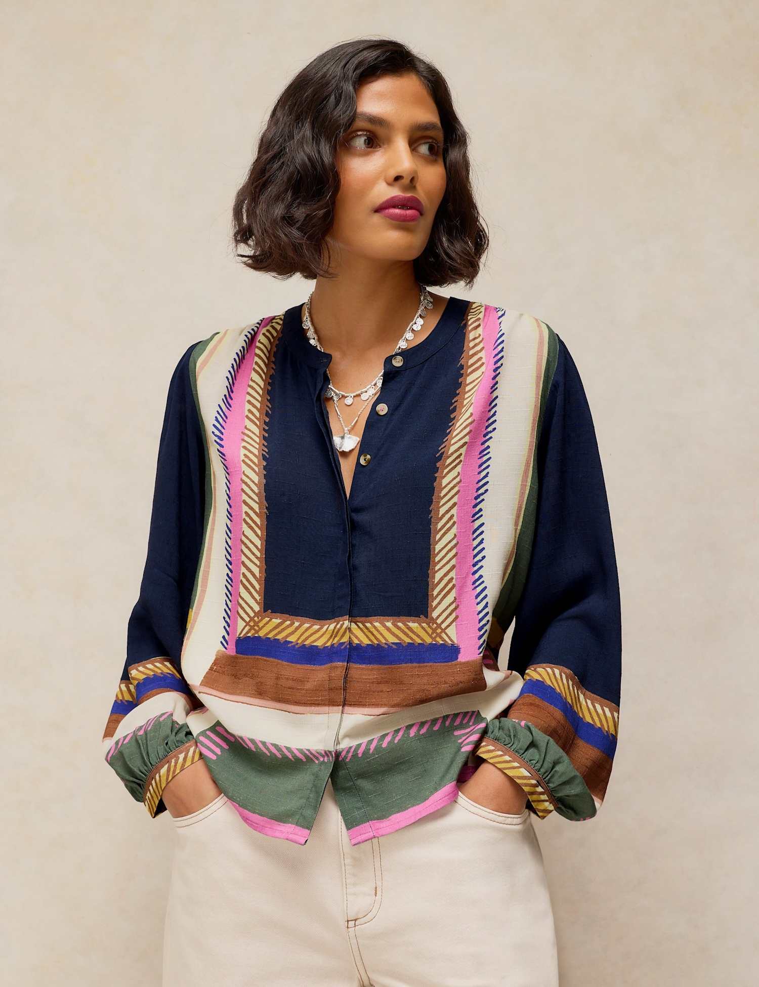 White Stuff Printed Collarless Relaxed Blouse Navy Mix