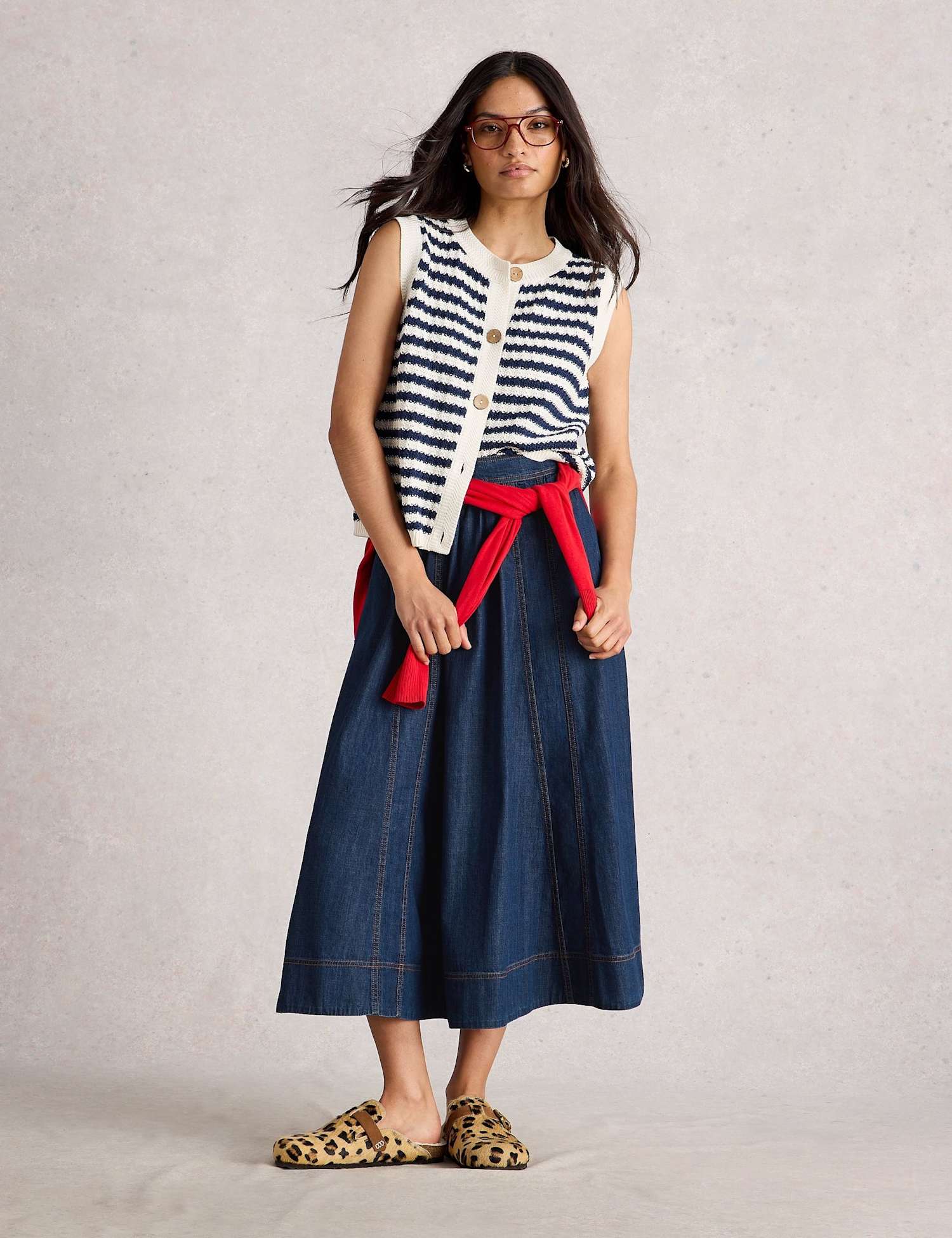 White Stuff Denim Midi A-Line Skirt Dark Blue Denim