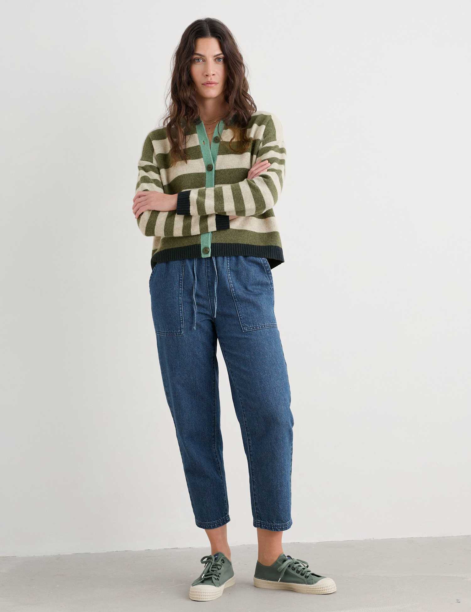 Seasalt Cornwall Wool Rich Striped Button Front Relaxed Cardigan Green Mix
