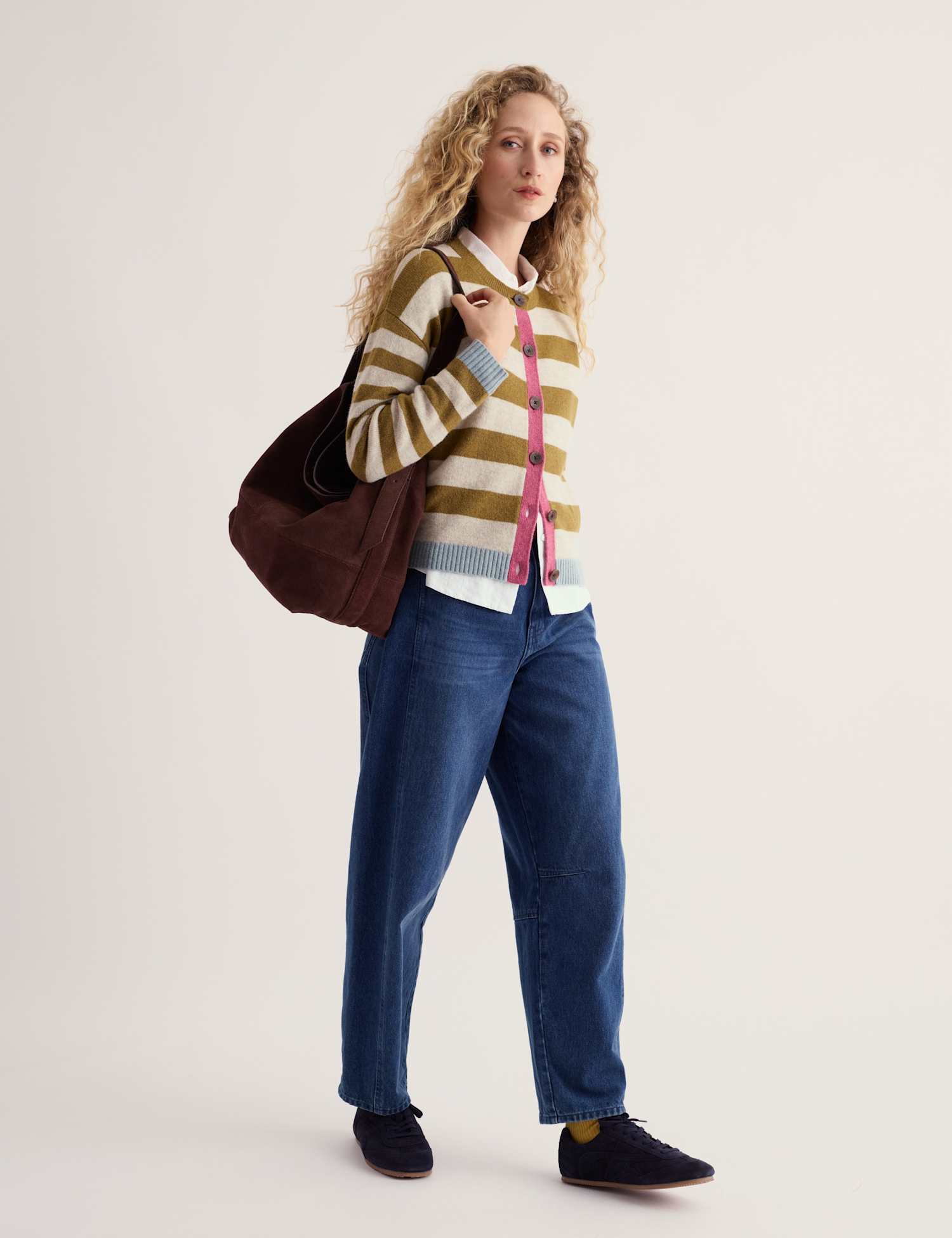 Seasalt Cornwall Wool Rich Striped Button Front Relaxed Cardigan Khaki Mix
