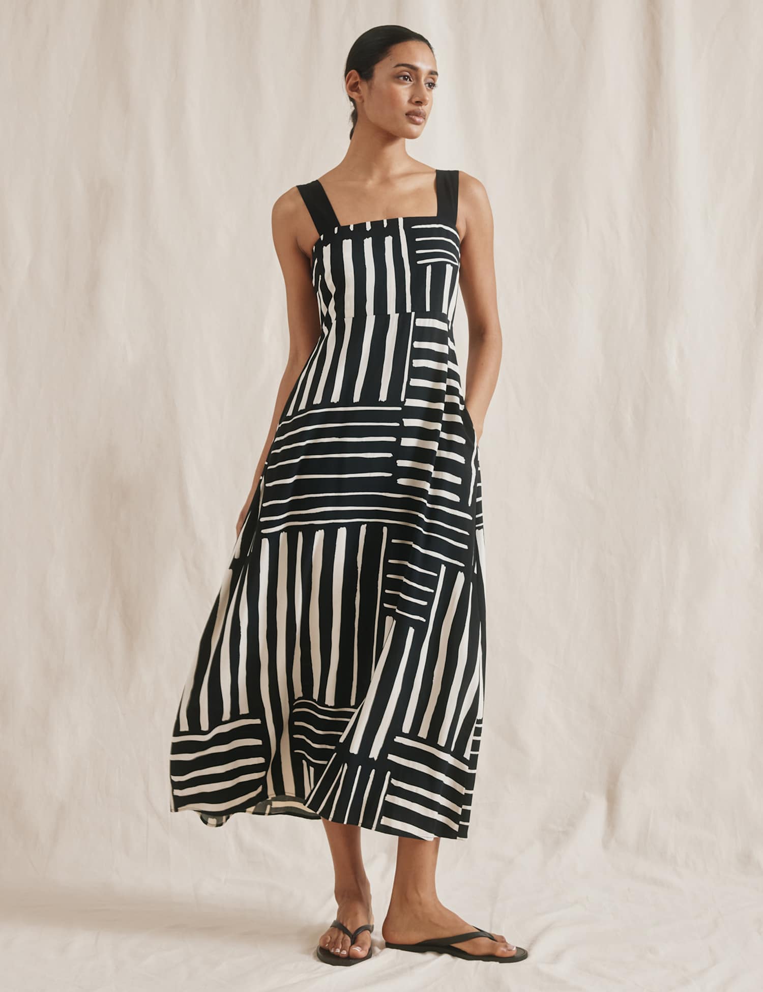 Albaray Striped Midaxi Waisted Dress Black Mix