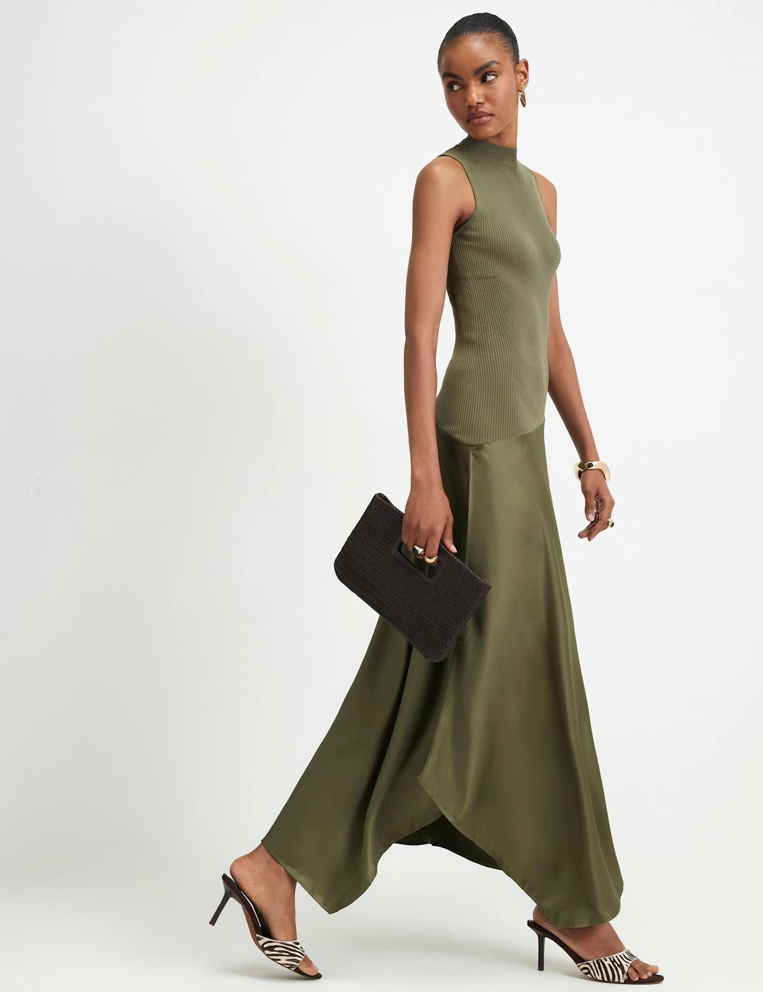 River Island Satin Knitted High Neck Maxi Bodycon Dress Khaki