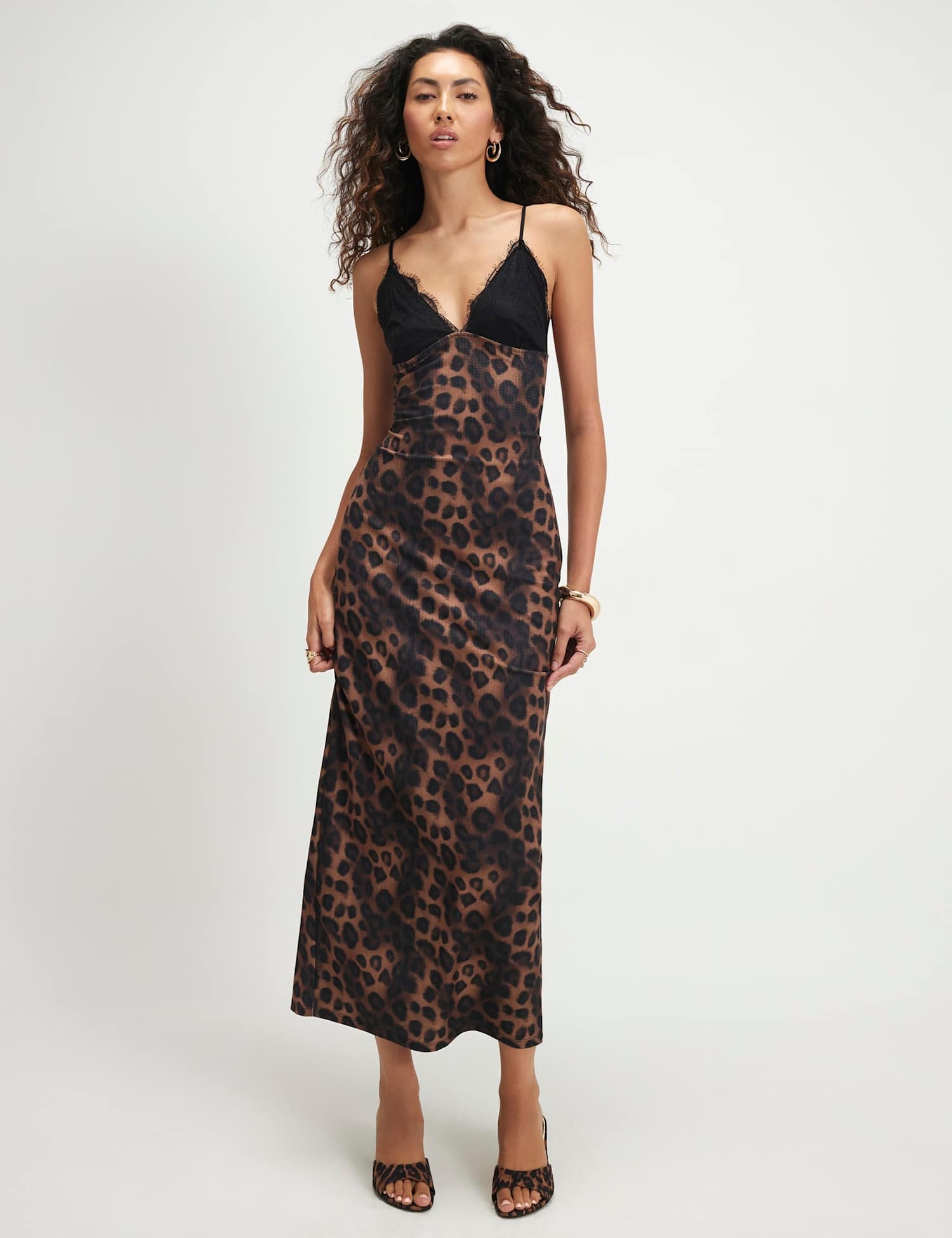 River Island Animal Print Lace Detail Maxi Bodycon Dress Beige Mix