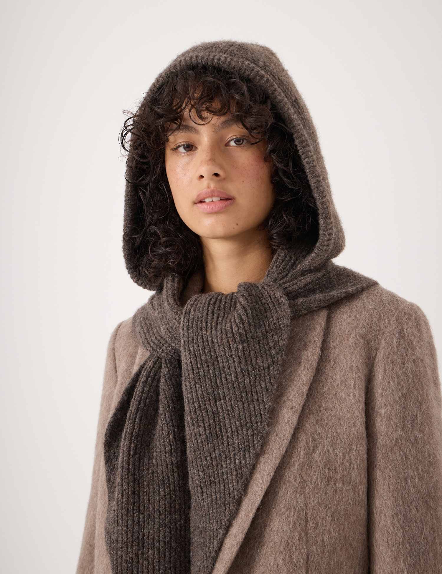 HUSH Knitted Textured Hooded Scarf Brown Mix