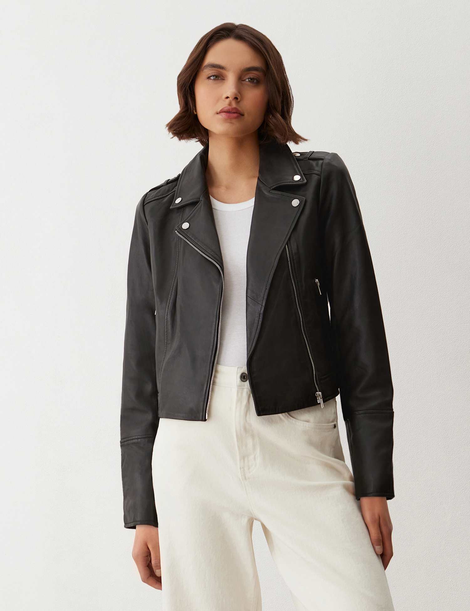 Finery London Leather Biker Jacket Black