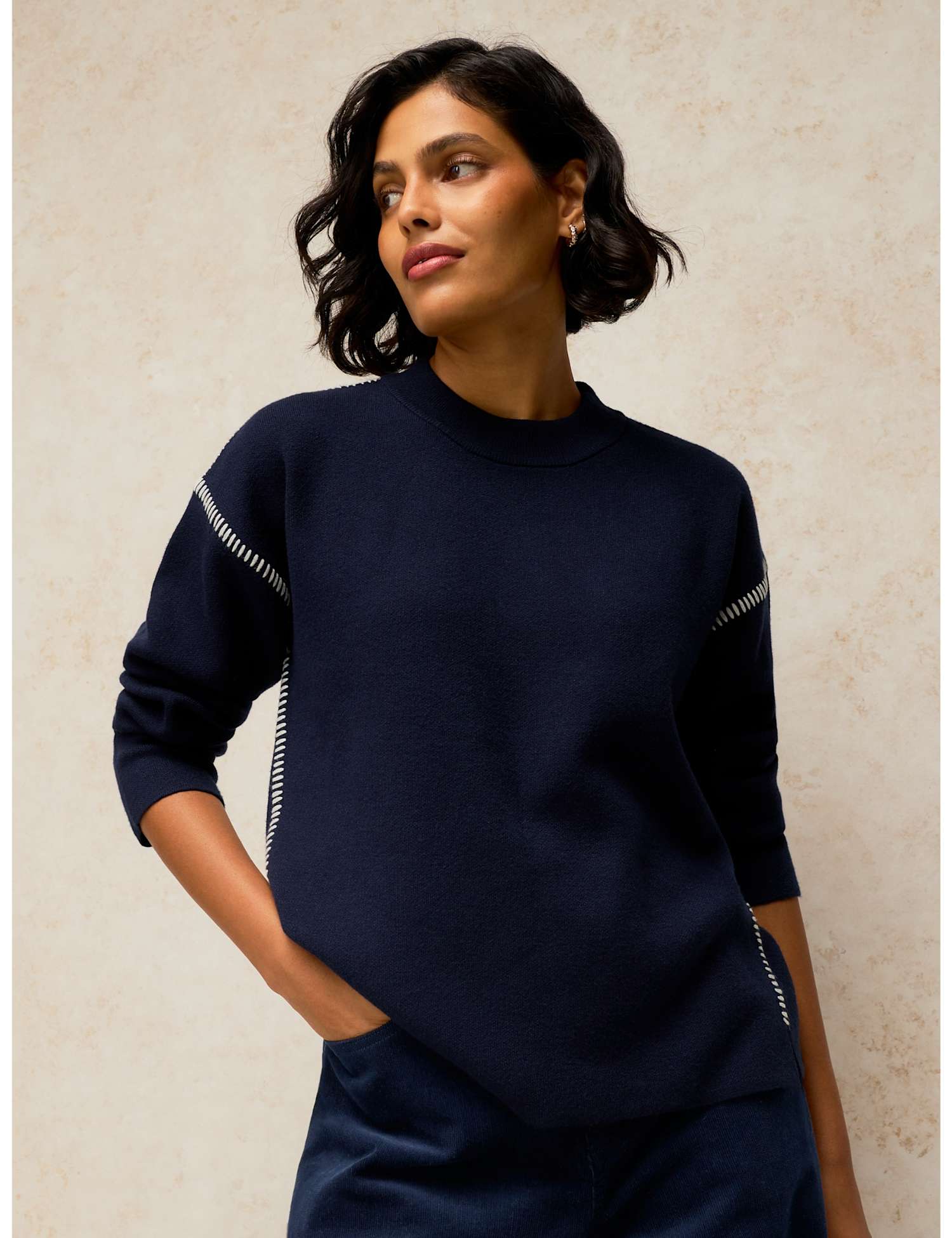 White Stuff Rayon Blend Whipstitch Jumper Dark Navy