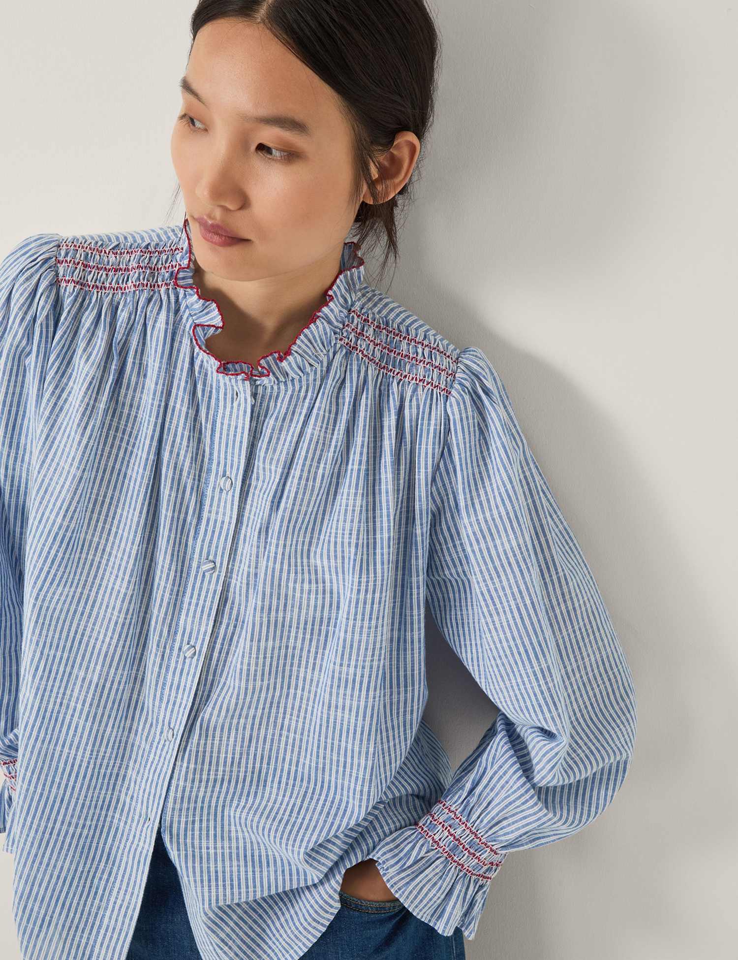 Monsoon Pure Cotton Striped Frill Neck Shirt Blue