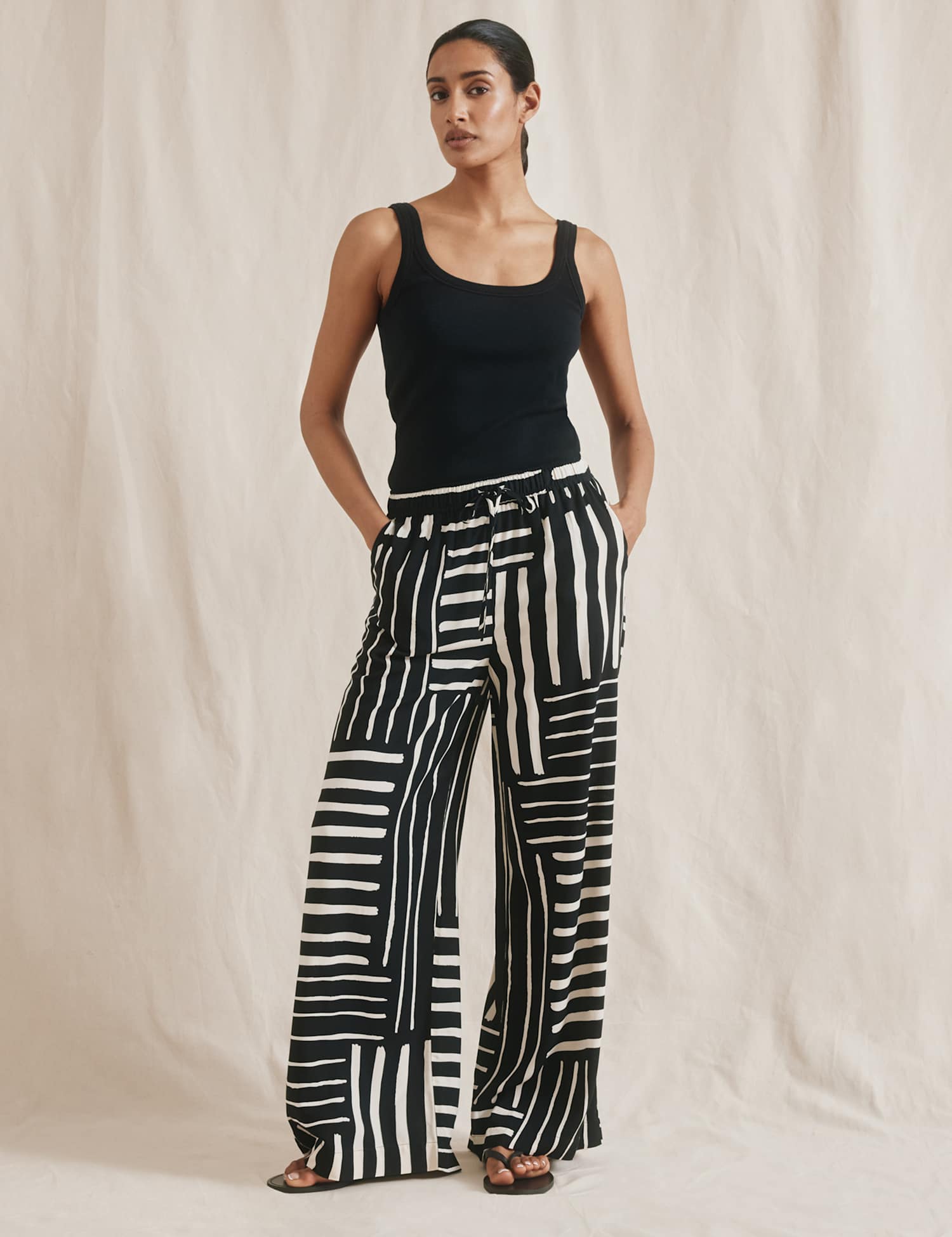 Albaray Linen Blend Striped Wide Leg Trousers Black Mix