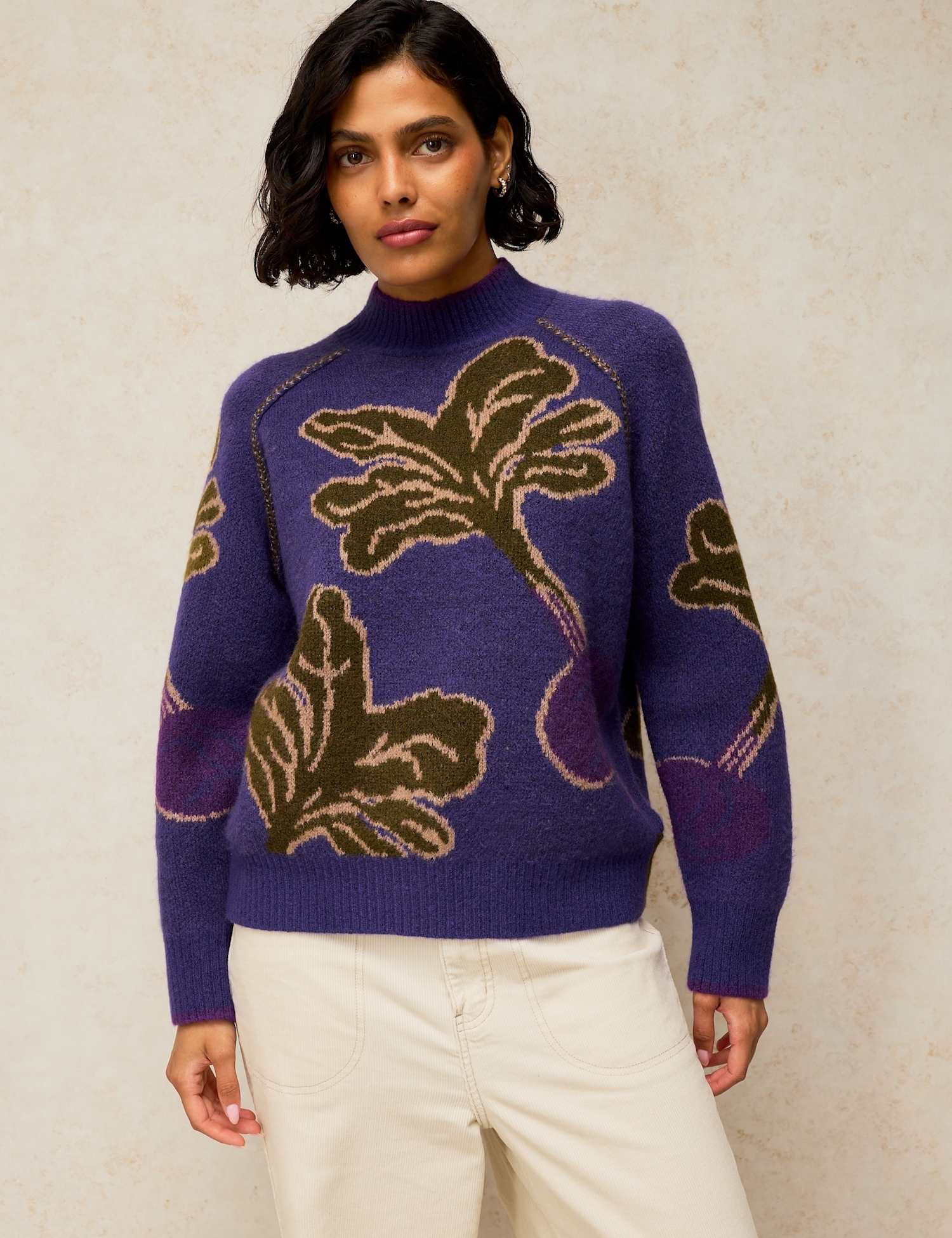 White Stuff Vegetable Print Roll Neck Jumper Purple Mix