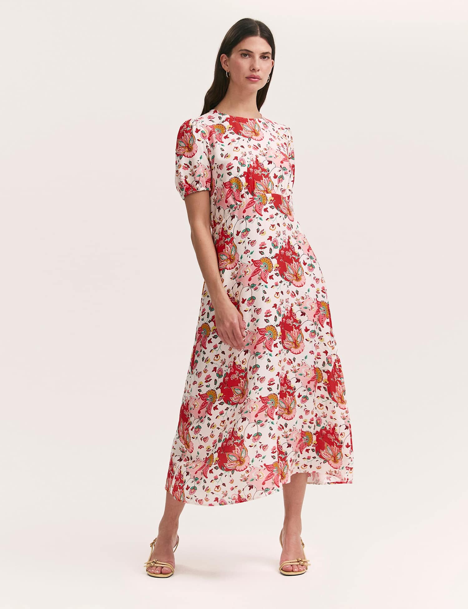 Finery London Floral Puff Sleeve Midi Tea Dress Pink Mix