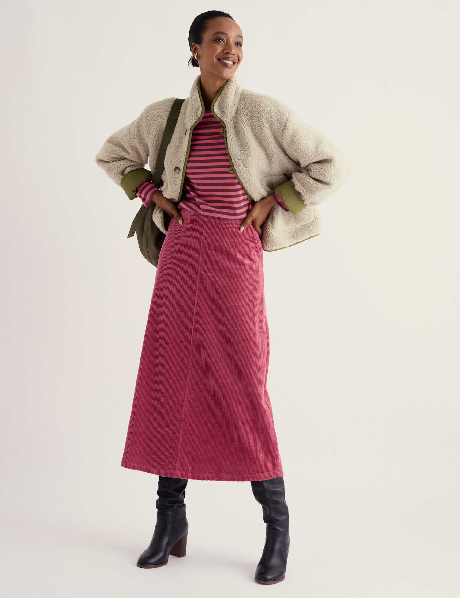 Seasalt Cornwall Pure Cotton Cord Midi A-Line Skirt Pink