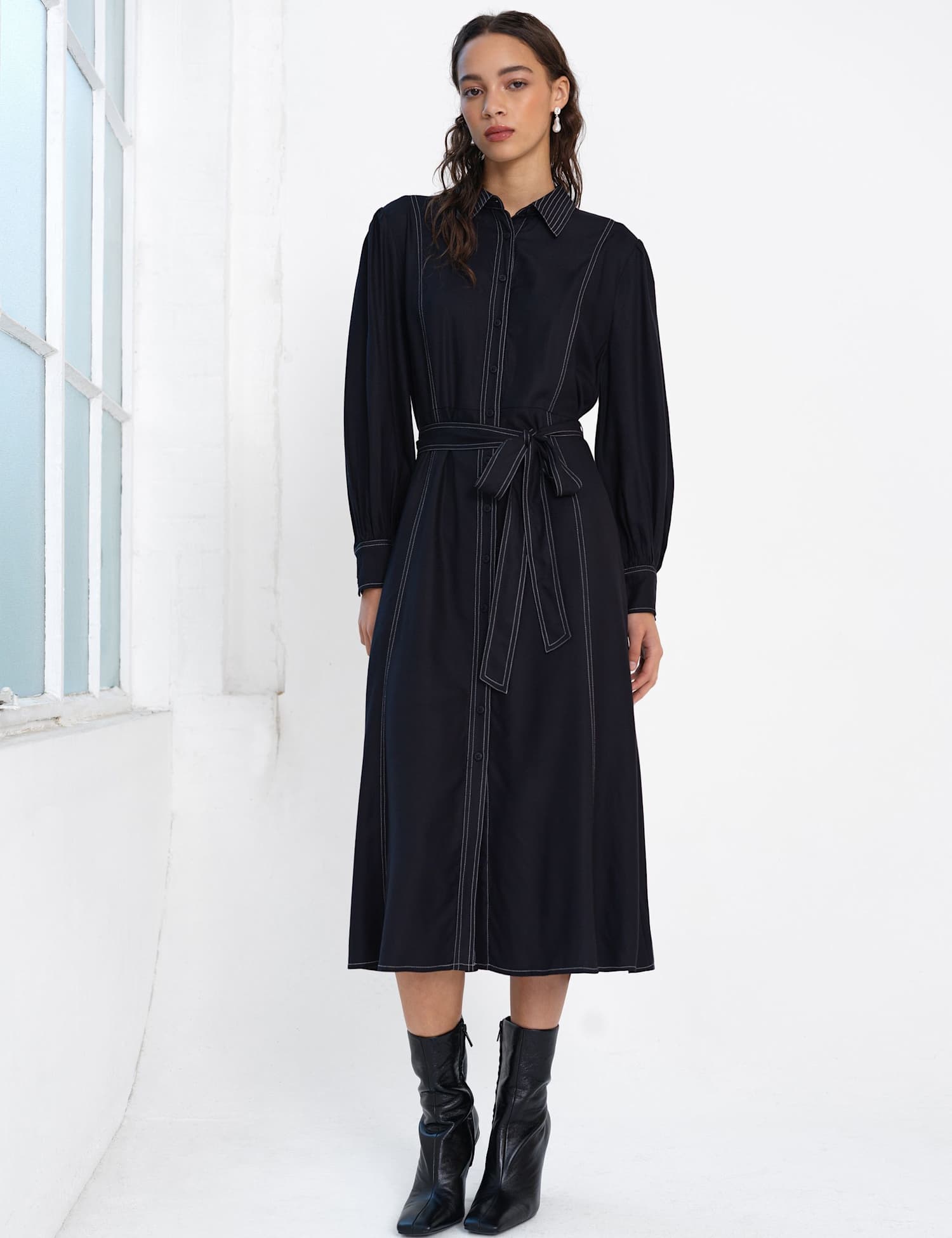 French Connection Belted Midi Shirt Dress Black Mix