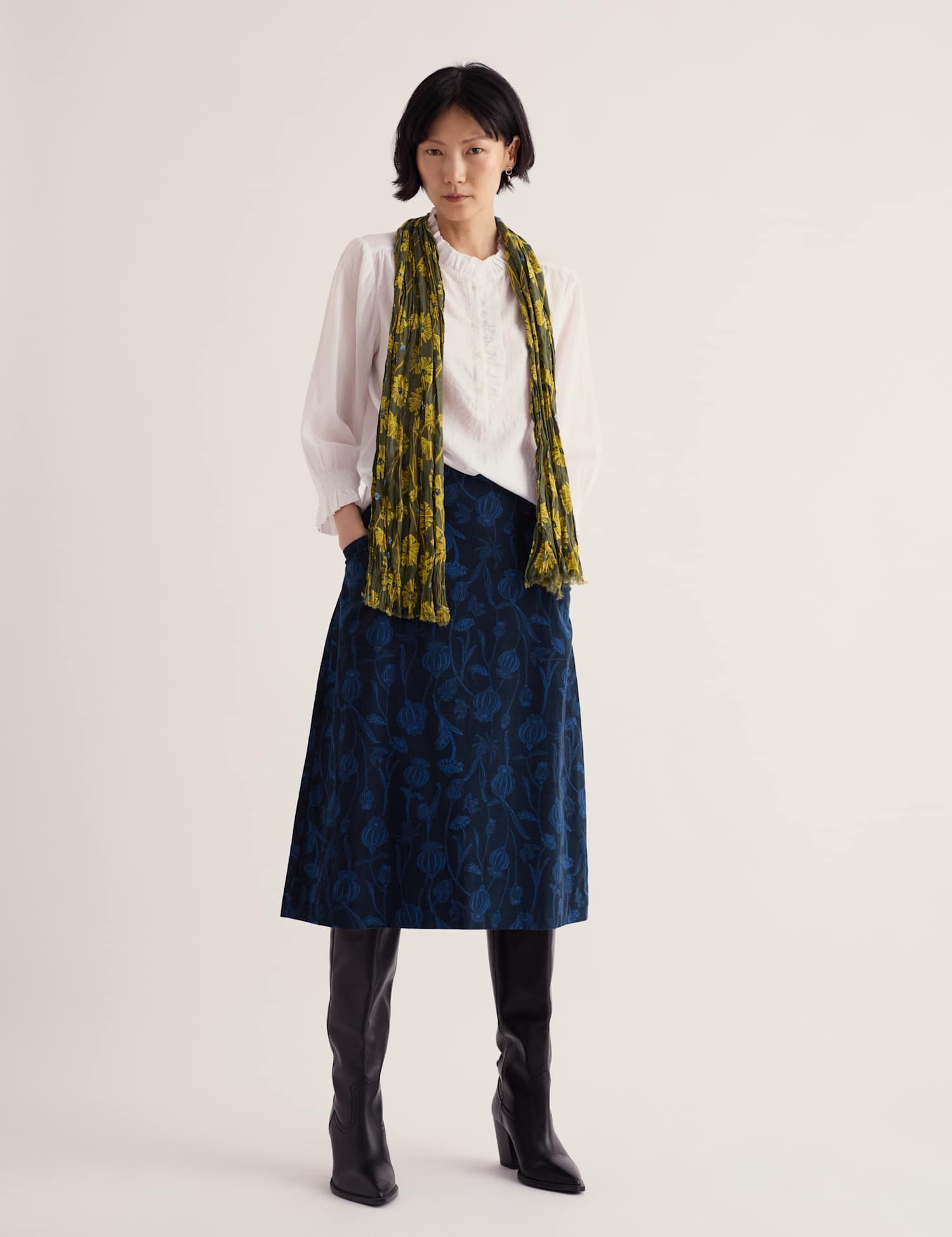 Seasalt Cornwall Corduroy Floral Knee Length A-Line Skirt Navy Mix