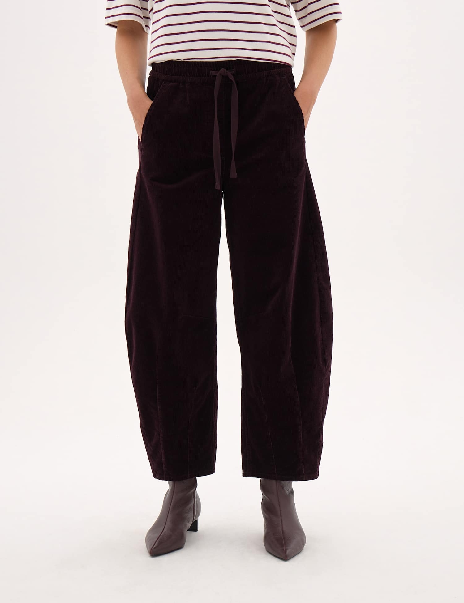 HUSH Corduroy Mid Rise Barrel Leg Trousers Burgundy