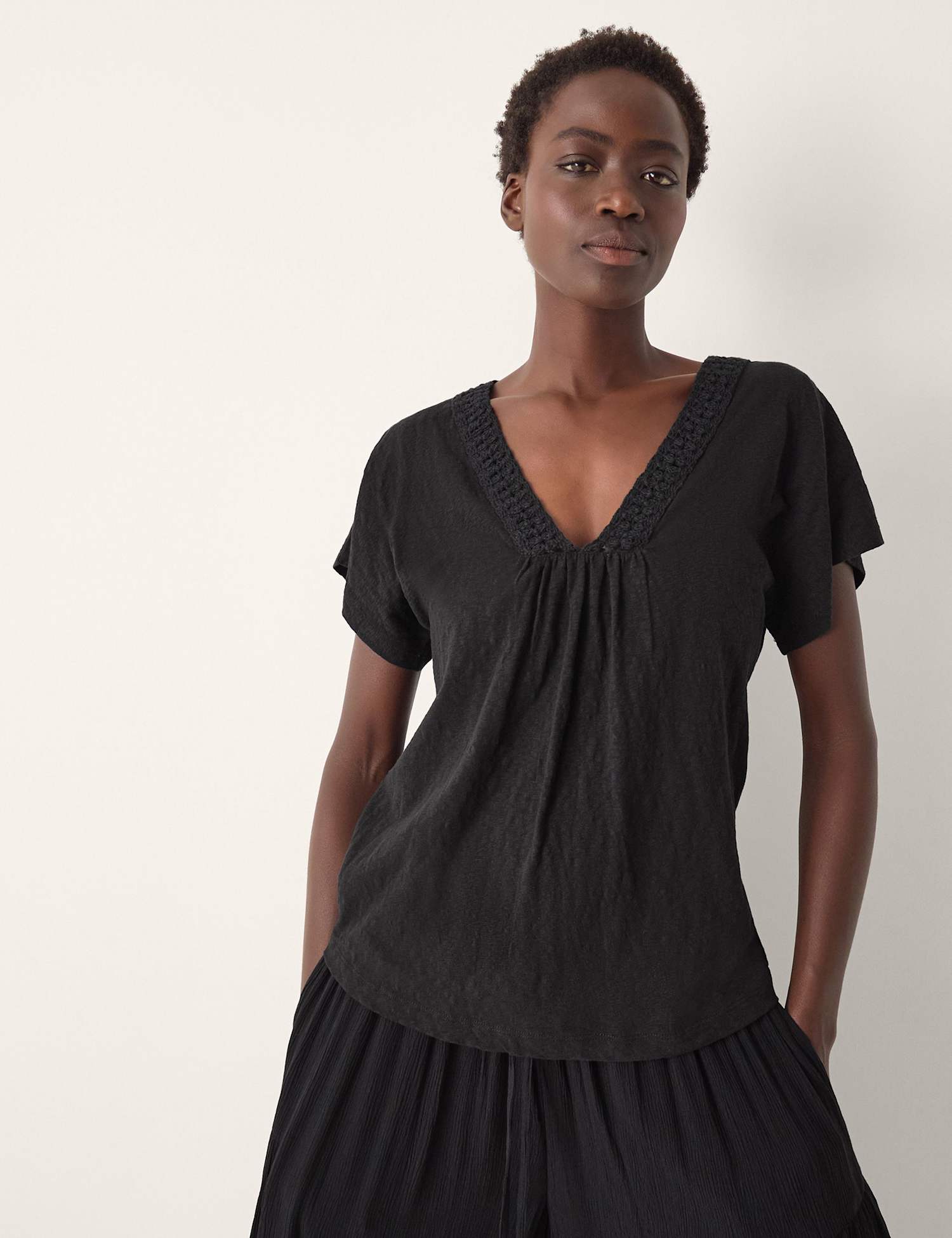 Monsoon Pure Cotton Embroidered Trim T-Shirt Black
