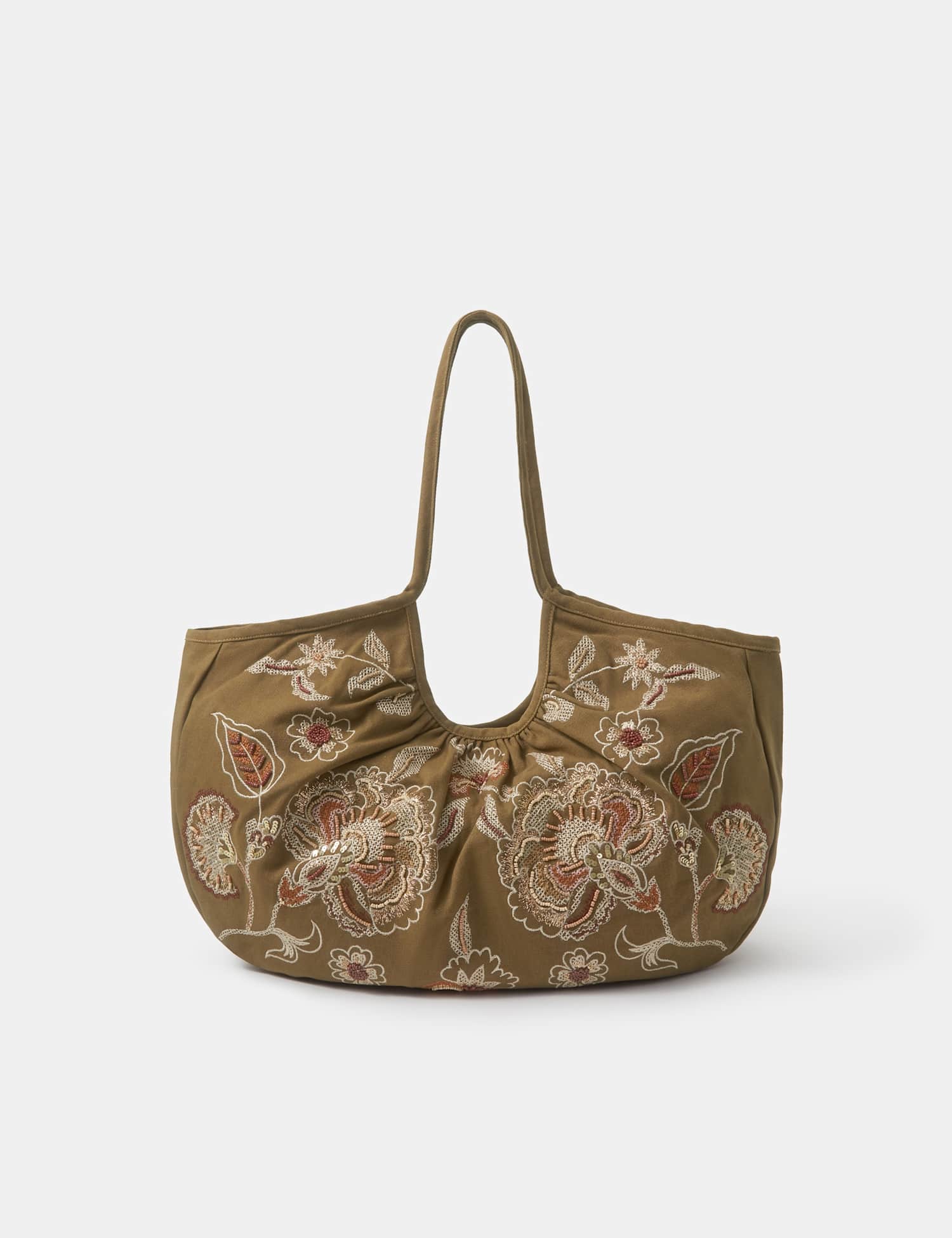ACCESSORIZE Pure Cotton Floral Embroidered Shoulder Bag Khaki