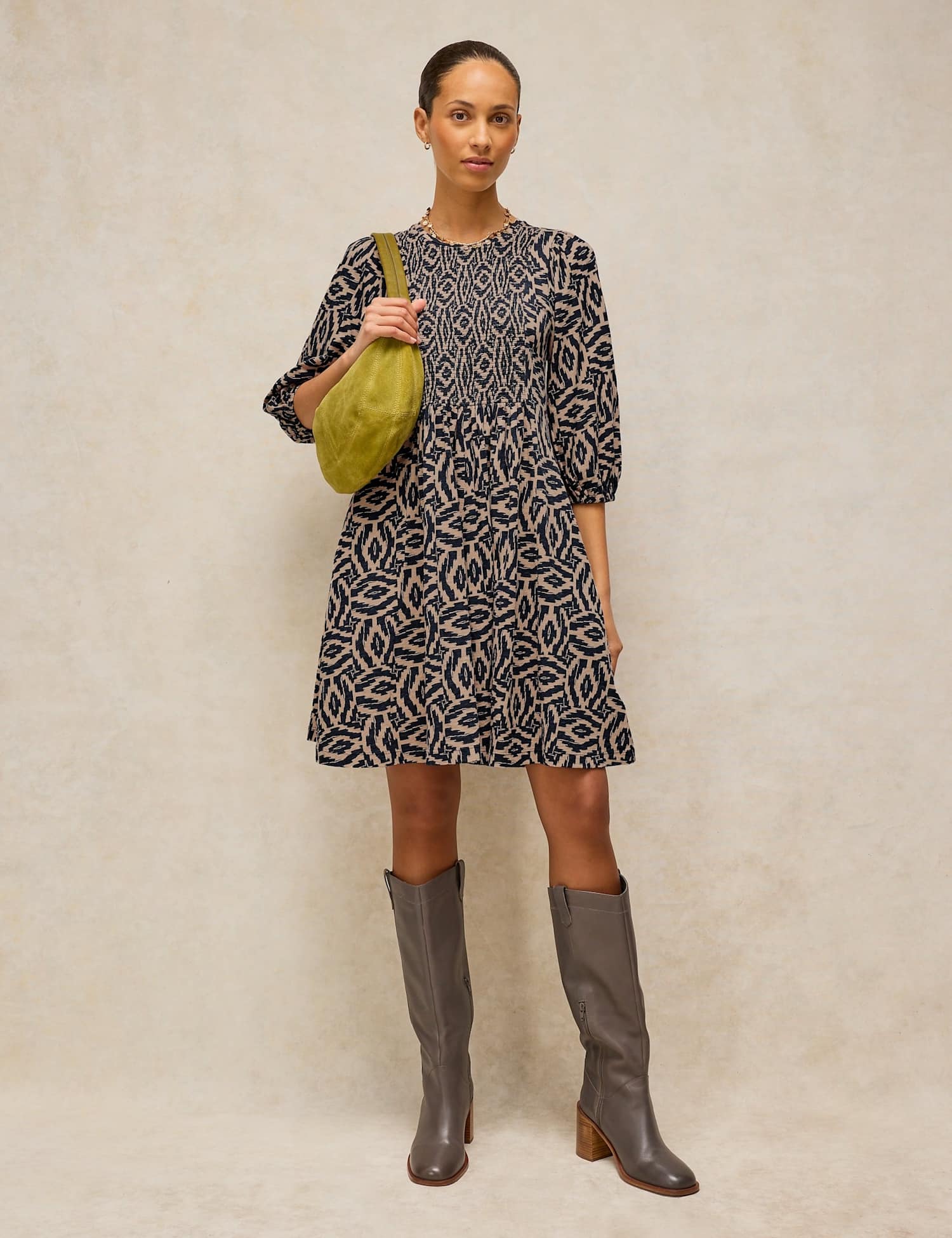 White Stuff Maeva Cotton Rich Patterned V Neck Knee Length Dress Navy Mix