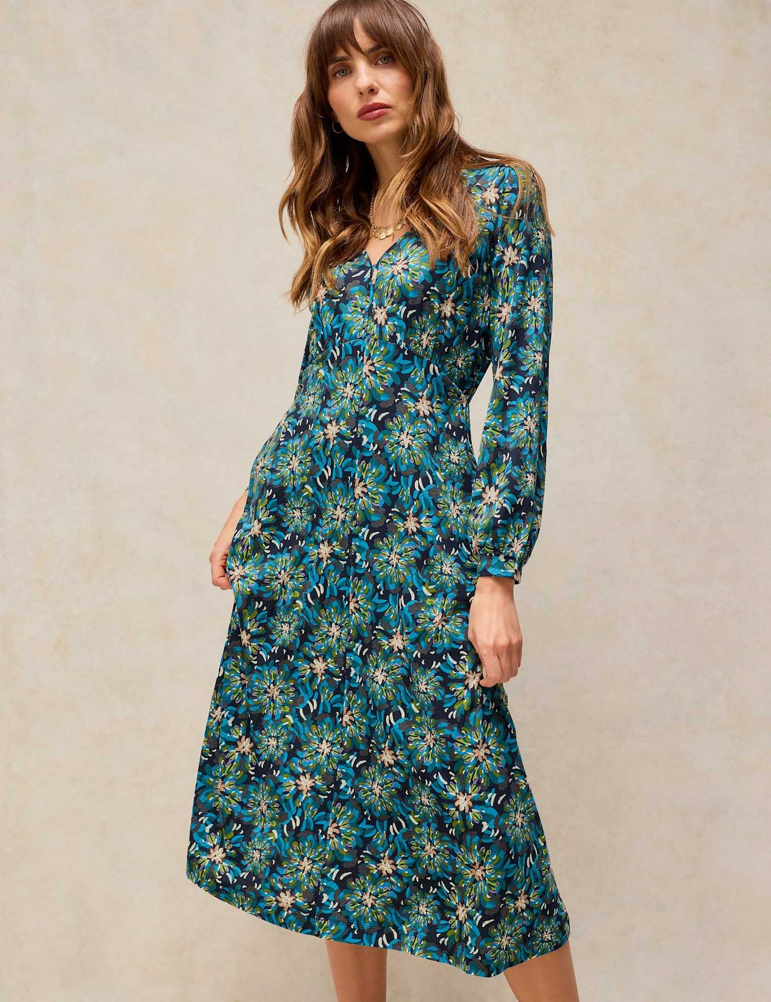 White Stuff Cotton Blend Jersey V Neck Fit And Flare Dress Teal Mix