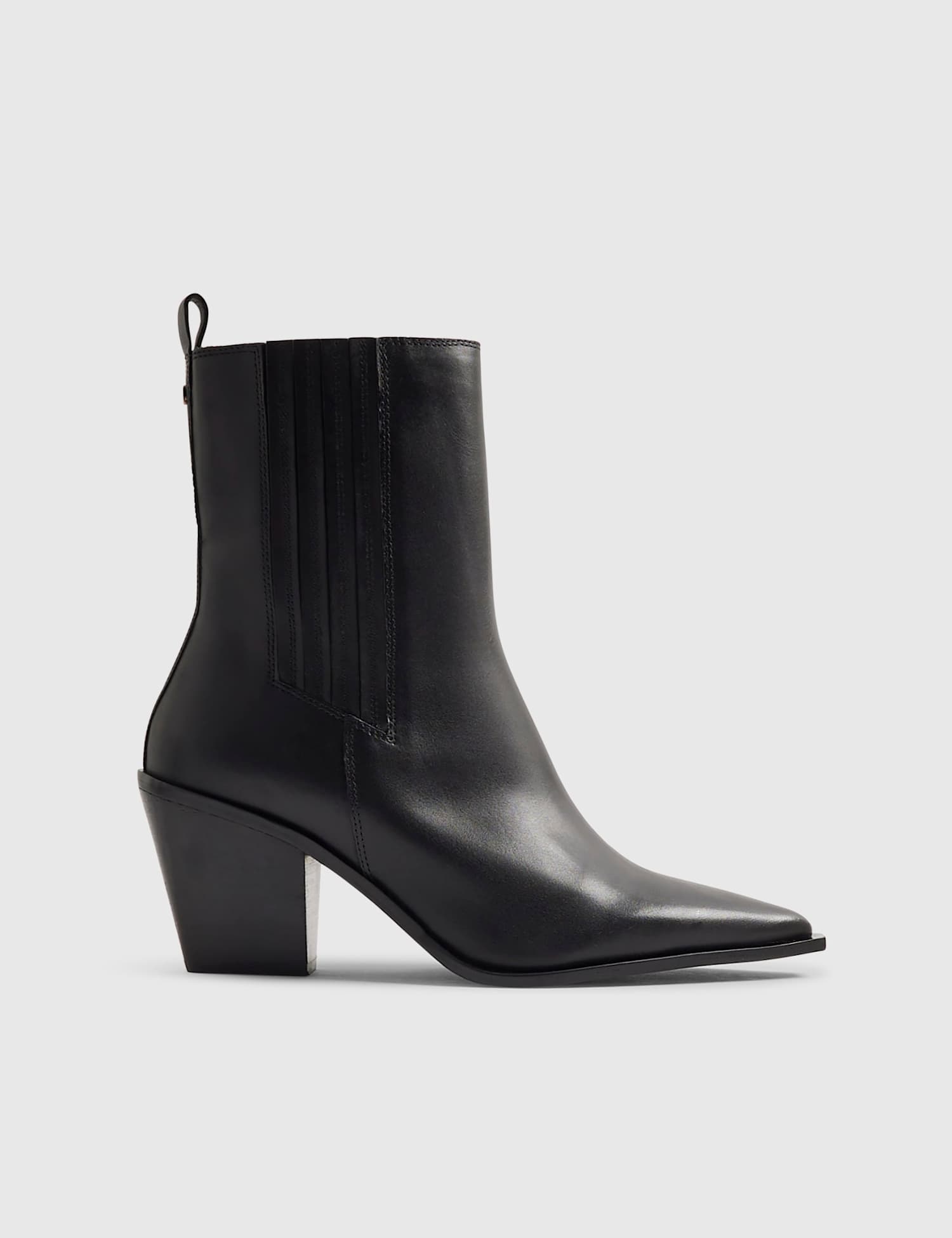 River Island Leather Western Block Heel Ankle Boots Black