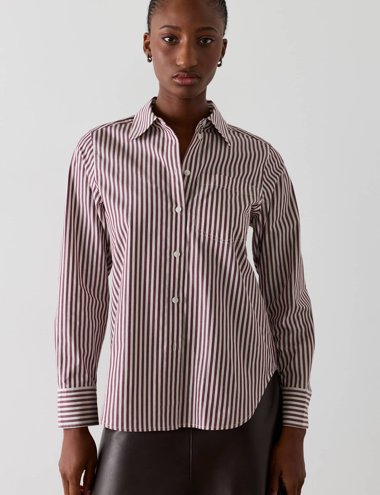 Whistles Pure Cotton Striped Collared Relaxed Shirt Burgundy Mix
