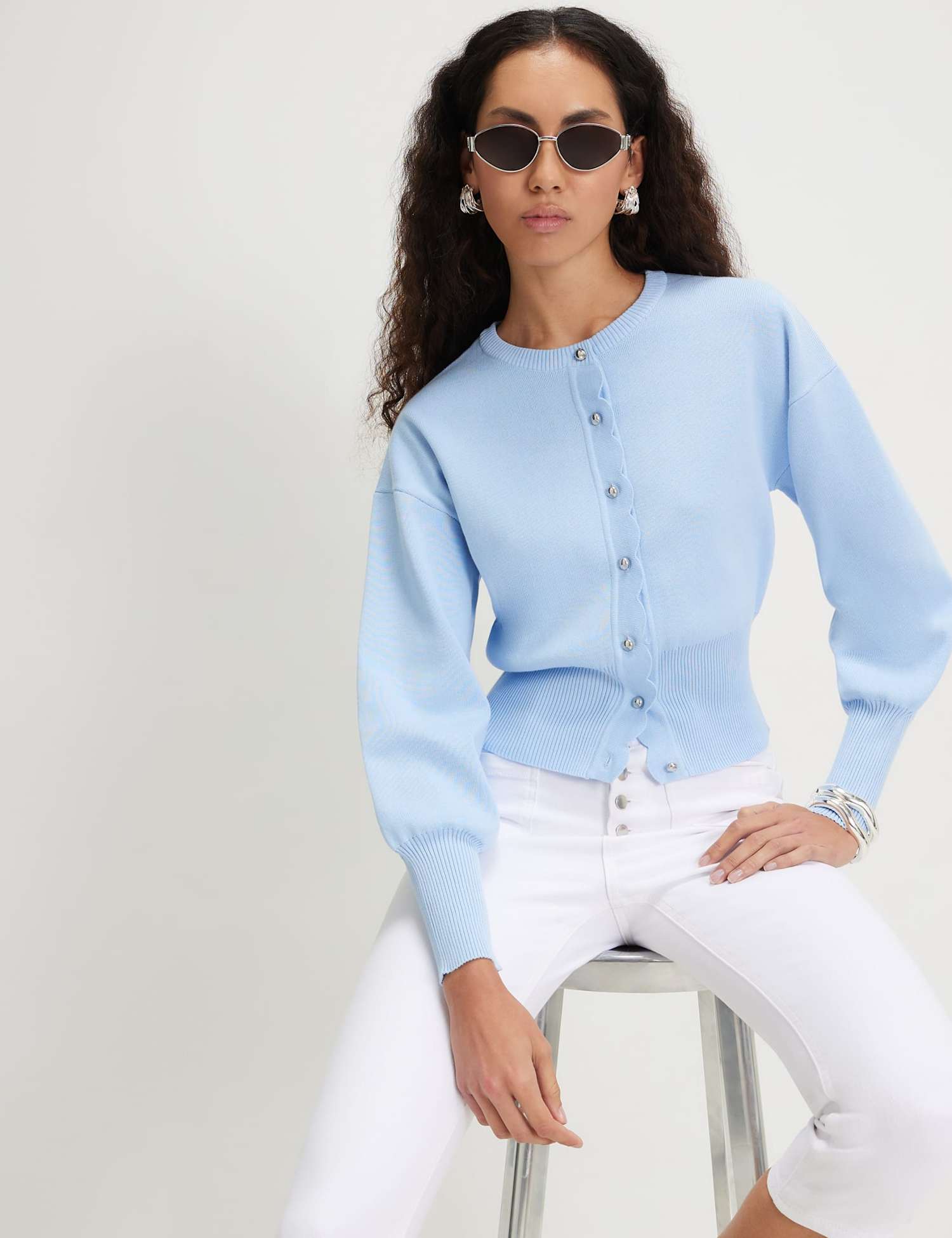 River Island Scallop Blouson Sleeve Cardigan Light Blue