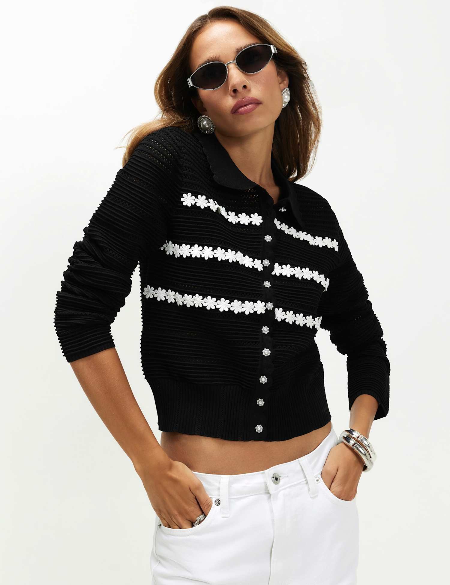 River Island Pointelle Daisy Collared Fitted Cardigan Black Mix